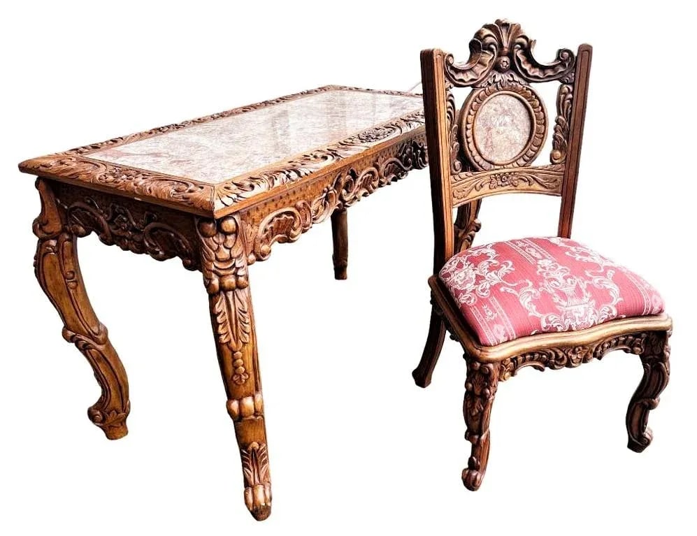 Spanish Baroque Style Heavily Carved Desk and Chair Set With Marble Inserts - Circa 1990 - 6