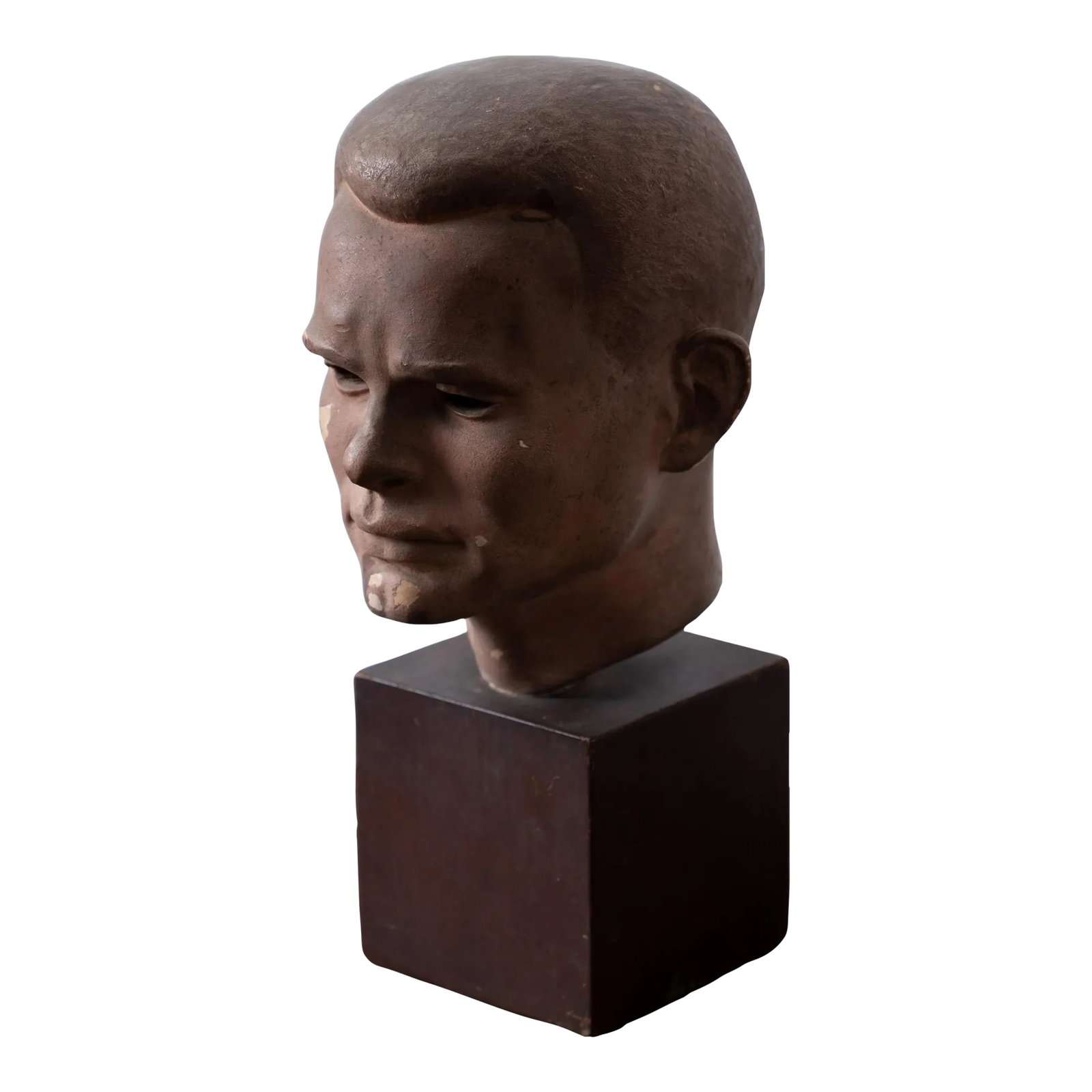 Jared French Portrait Bust of Chuck Howard: Jared French (American, 1905-1988) Portrait bust of Chuck Howard, 1951 plaster on wood base Titled and signed with "CH" mongram for Howard over the date "'51". Below, the mirrored and inverted JF mono