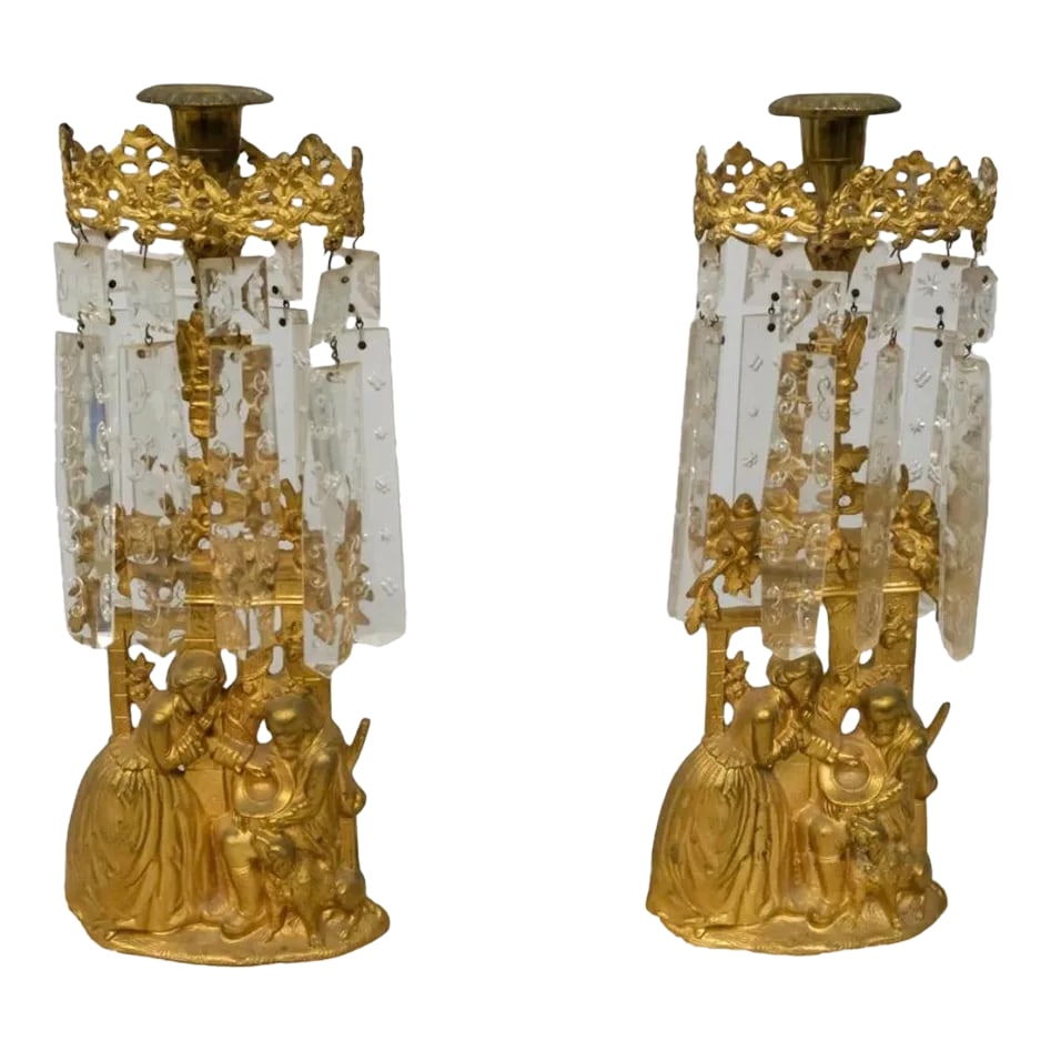 Pair of Mid 19th Century Gilt Metal Girandole Candlesticks Marble Base for Mantle: Every proper house in 19th century America has a set of these. The crystal prisms are engraved and the the bases are of grey and white marble. Condition: Alterations: Original Condition Unaltered Impe
