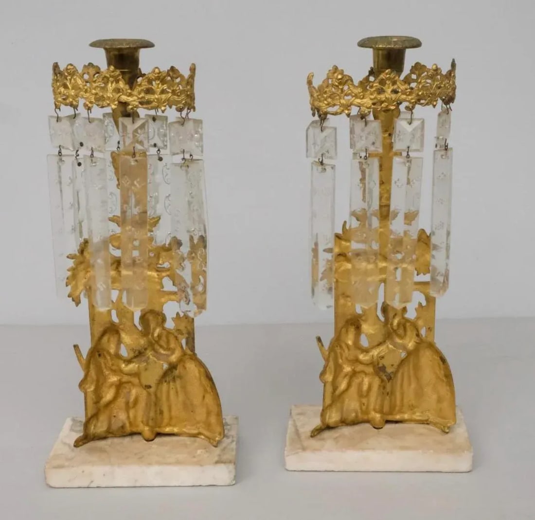 Pair of Mid 19th Century Gilt Metal Girandole Candlesticks Marble Base for Mantle - 3