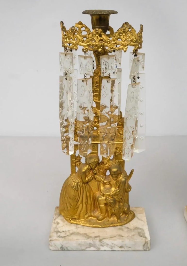 Pair of Mid 19th Century Gilt Metal Girandole Candlesticks Marble Base for Mantle - 4