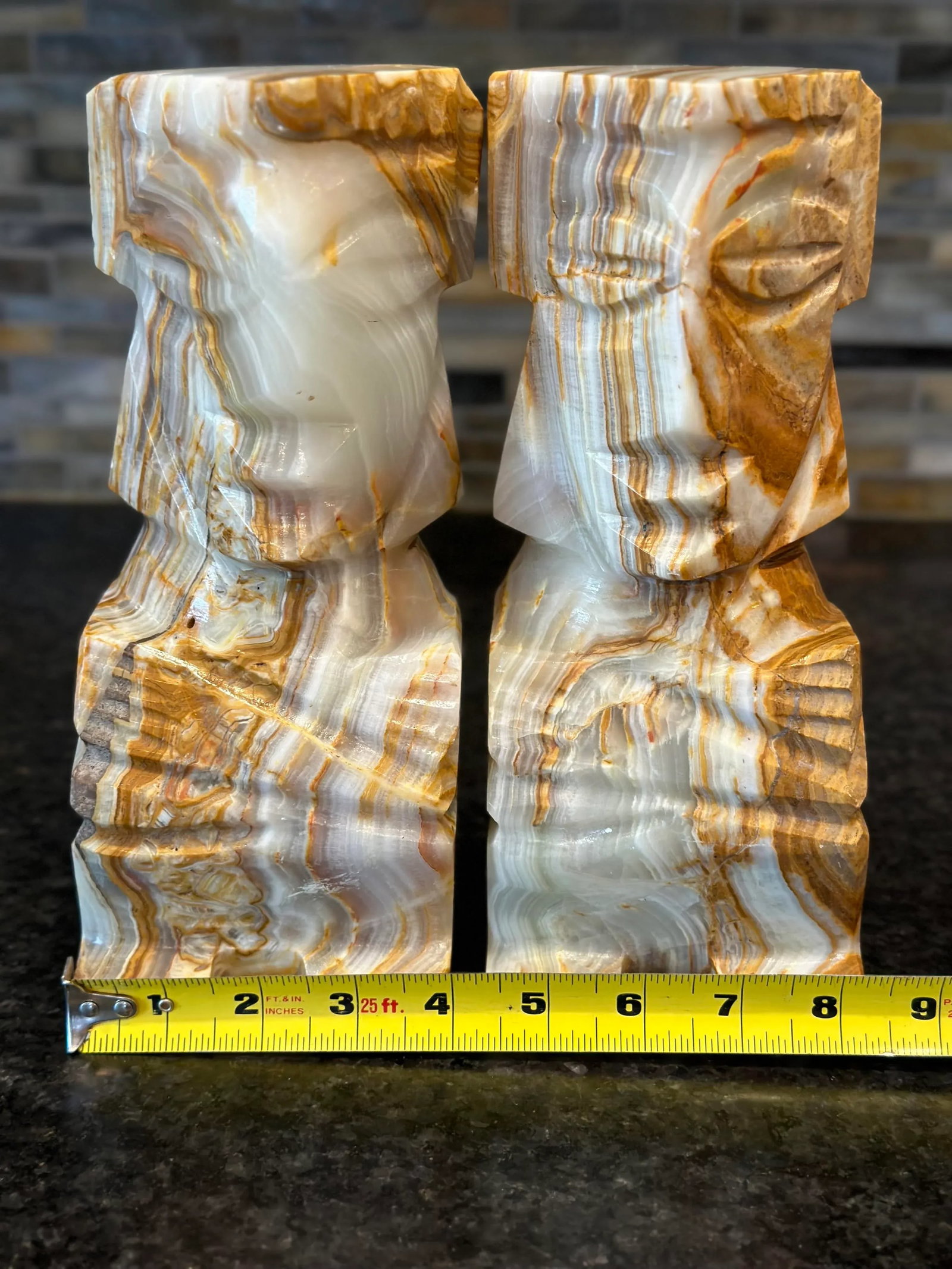 Carved Onyx Stone Book Matched Bookends Aztec Decor Large - a Pair - 10