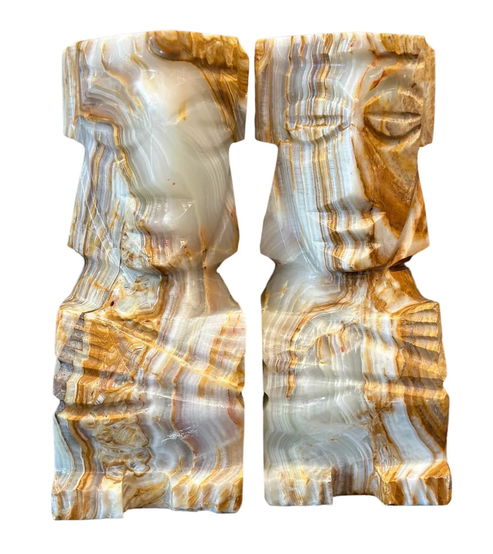 Carved Onyx Stone Book Matched Bookends Aztec Decor Large - a Pair - 12