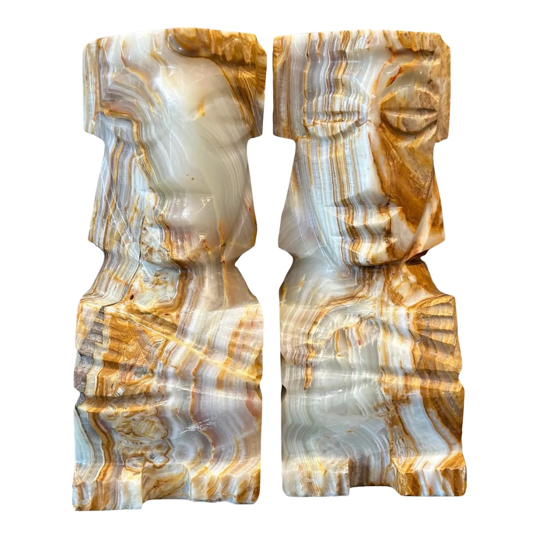 Carved Onyx Stone Book Matched Bookends Aztec Decor Large - a Pair: Excellent pair of large and heavy vintage onyx bookends carved in Aztec design. The natural color striations of this onyx is gorgeous. These also are a book matched set. Beautiful quality and design.