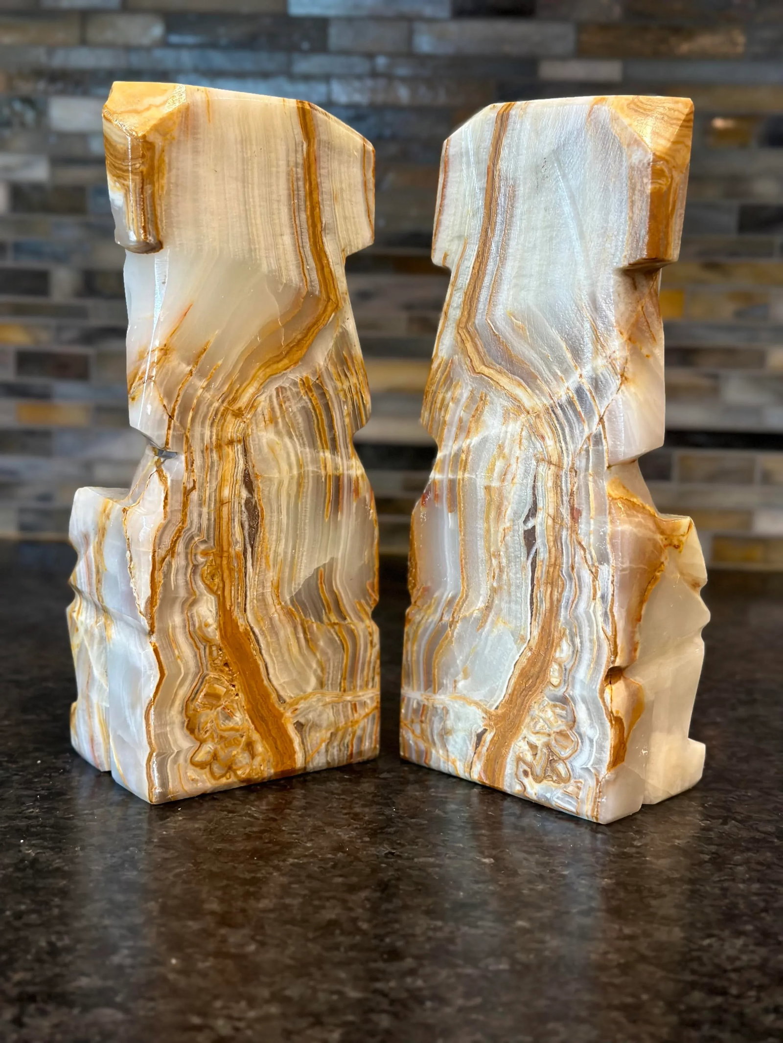 Carved Onyx Stone Book Matched Bookends Aztec Decor Large - a Pair - 4