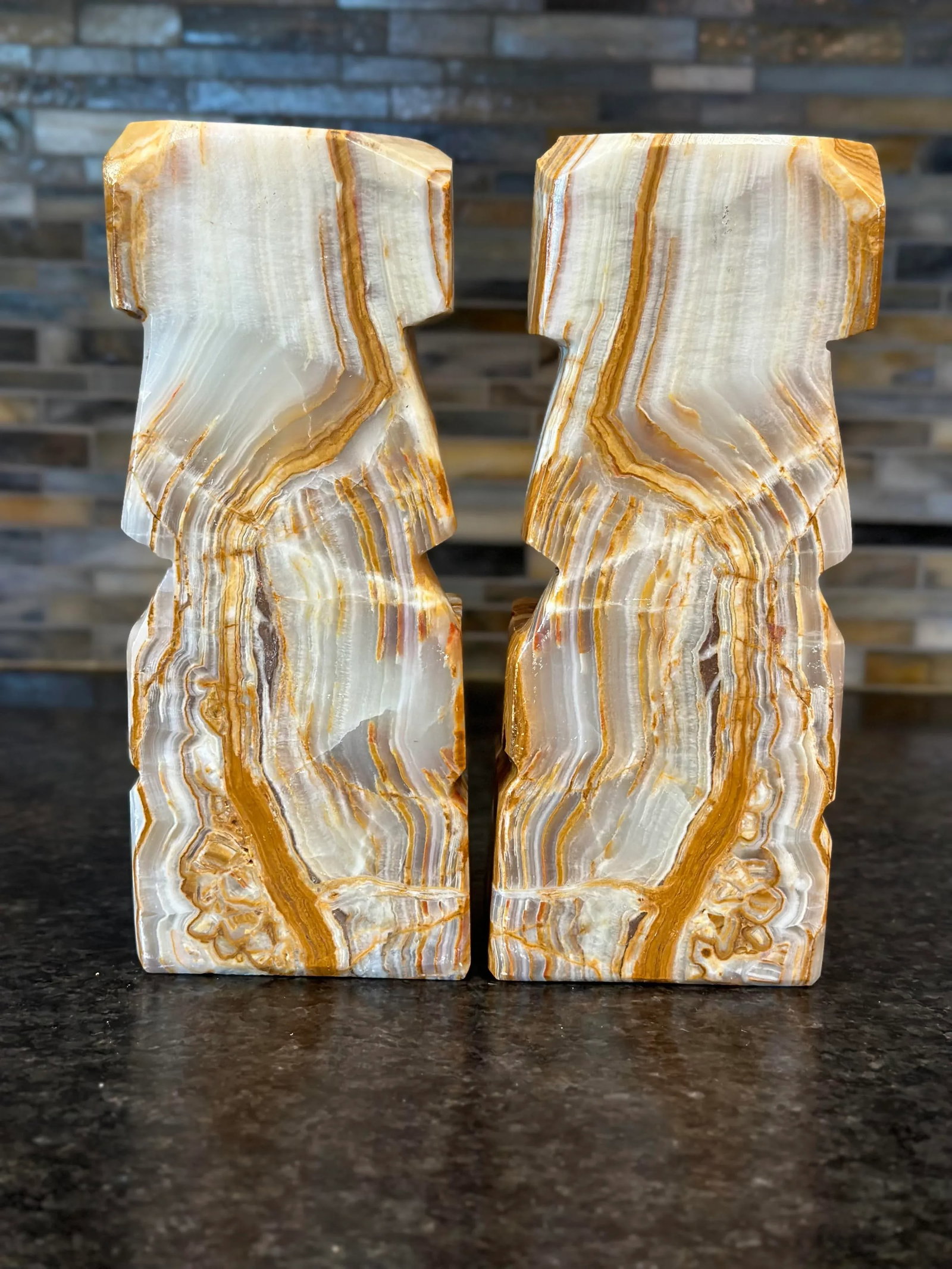 Carved Onyx Stone Book Matched Bookends Aztec Decor Large - a Pair - 6