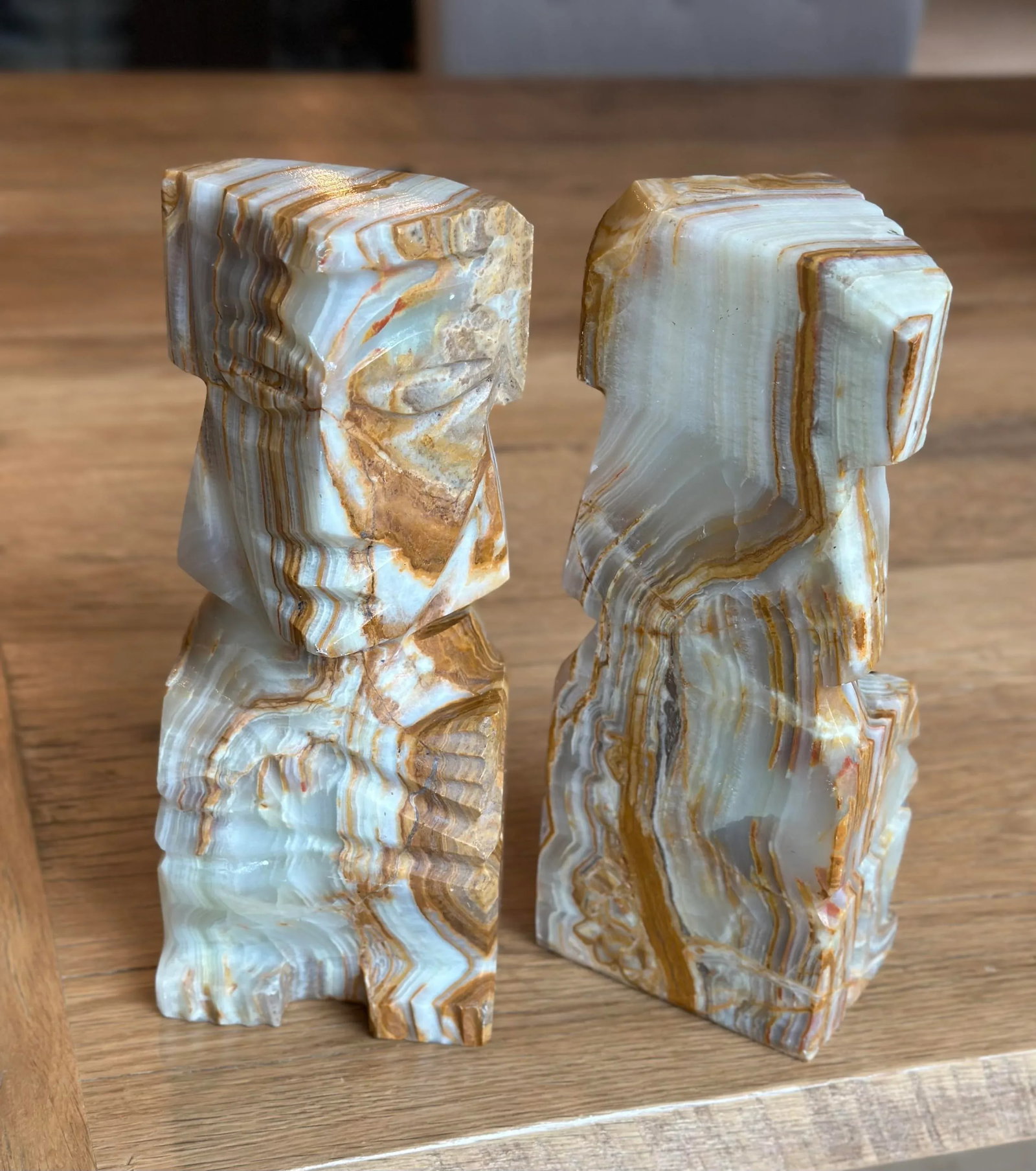 Carved Onyx Stone Book Matched Bookends Aztec Decor Large - a Pair - 8