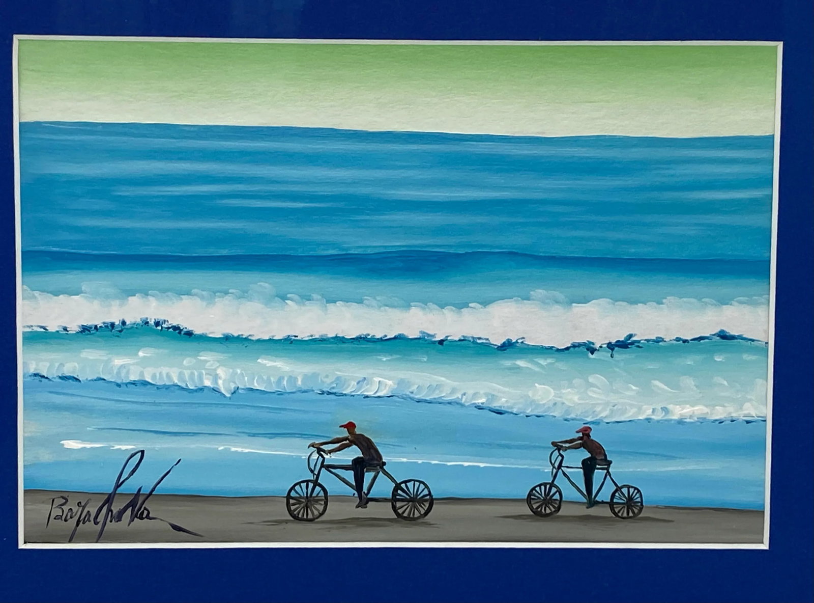 Contemporary Ecuadorian Framed Oil on Board "Biking on the Beach" - Signed by Artist - 2