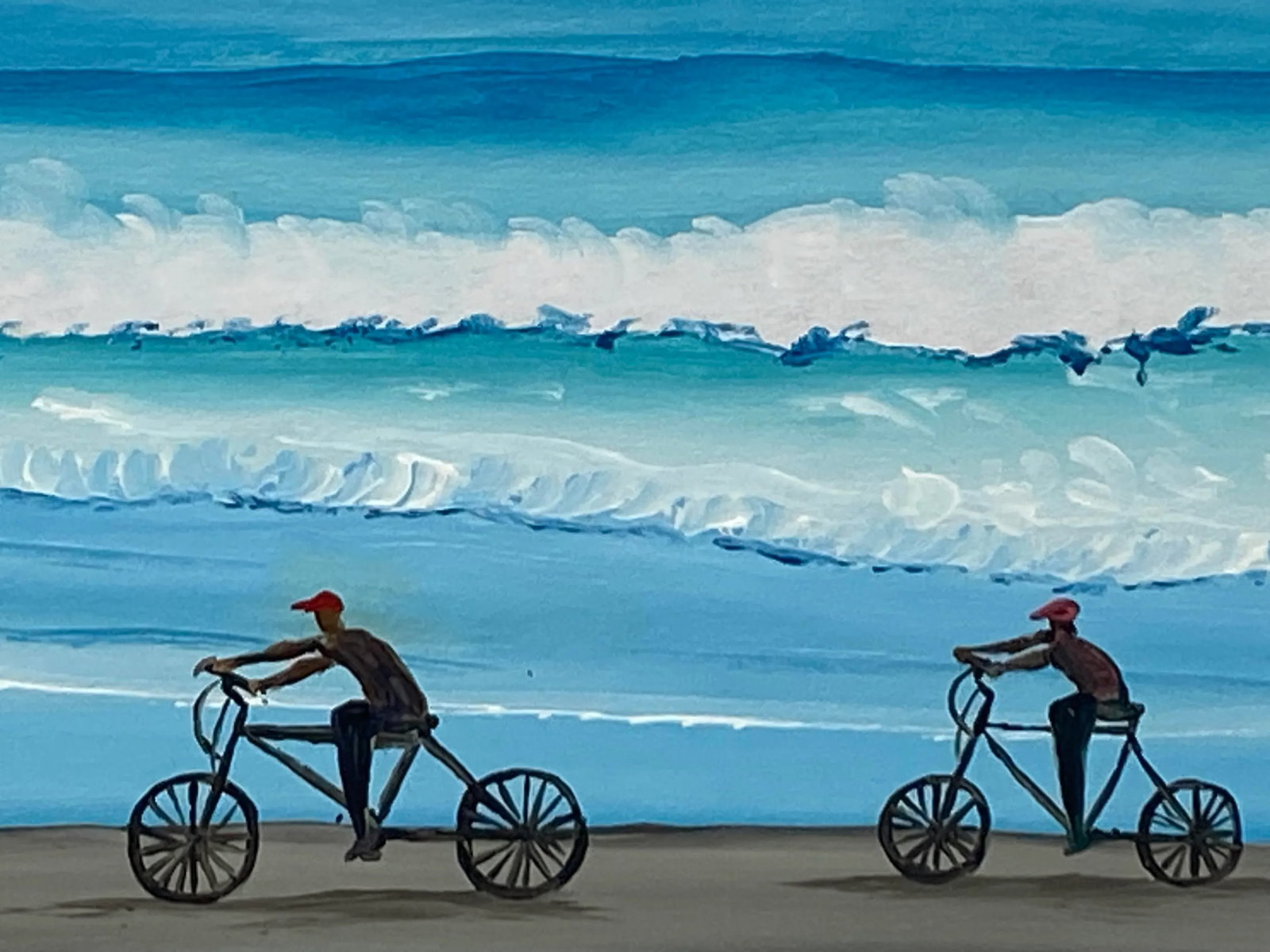 Contemporary Ecuadorian Framed Oil on Board "Biking on the Beach" - Signed by Artist - 3
