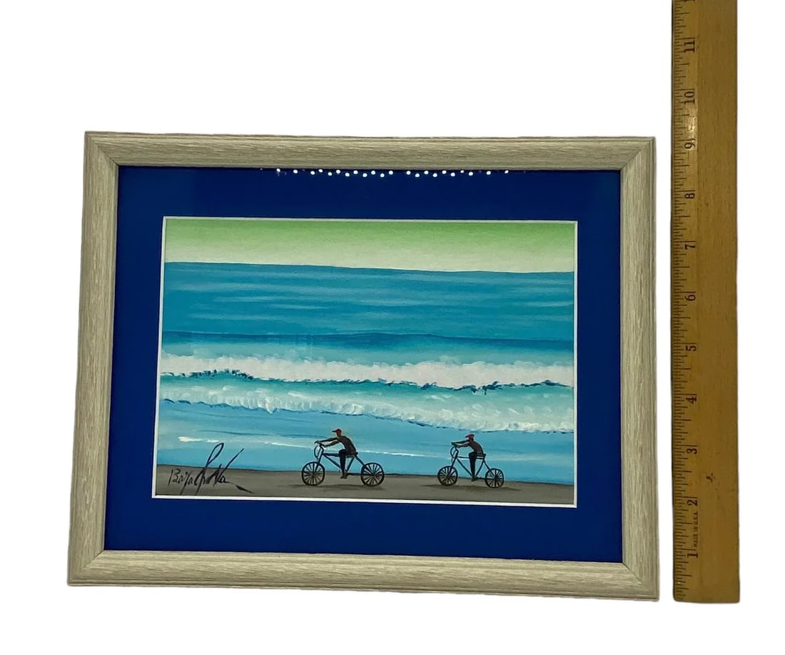 Contemporary Ecuadorian Framed Oil on Board "Biking on the Beach" - Signed by Artist - 9