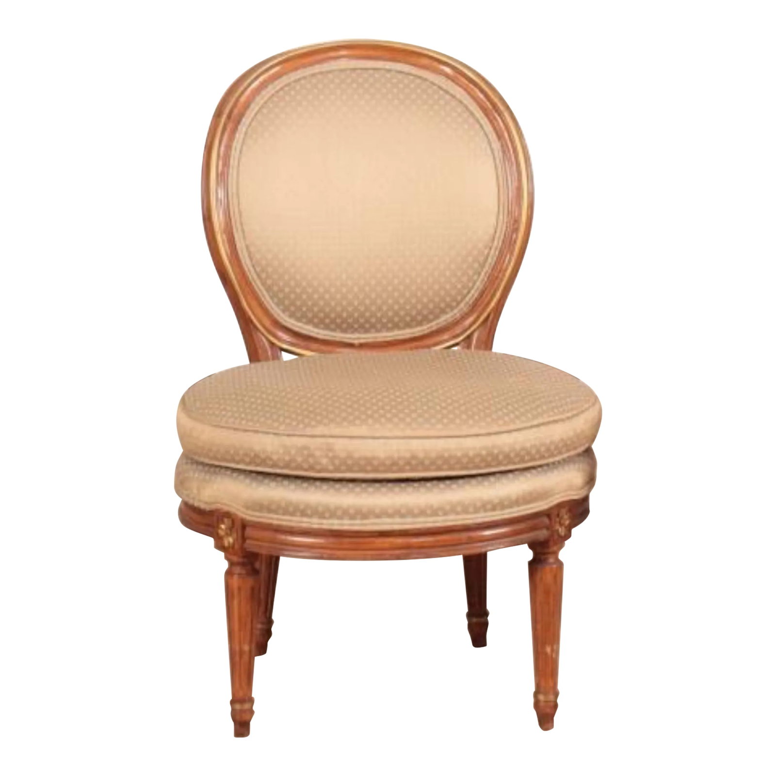 1960s Oval French Louis XV Upholstered Side Chair: A very comfortably upholstered diminutive chair Well made of walnut with a slight tasteful gilt decorations Condition: Alterations: Original Condition Unaltered Imperfections: Some Imperfections