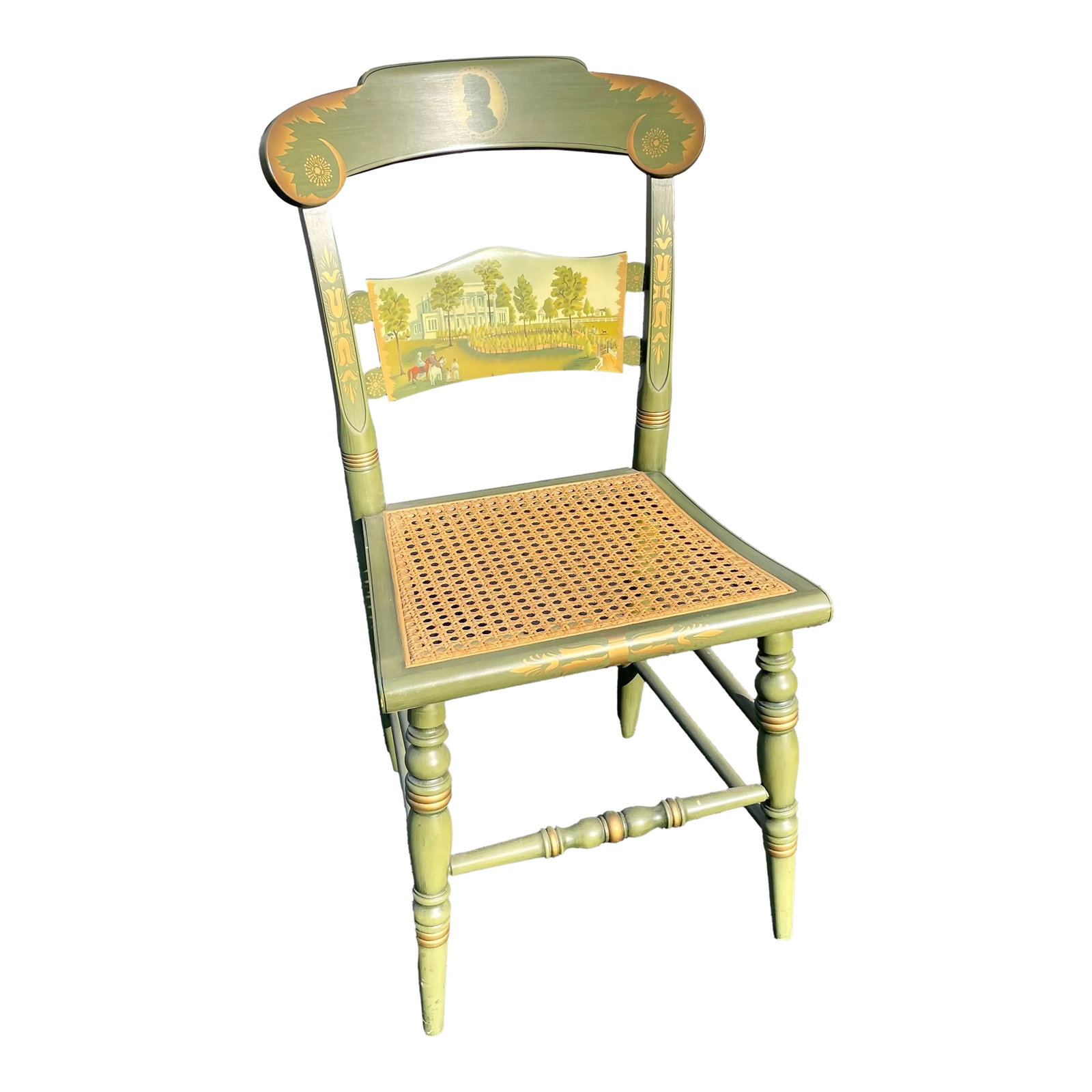 L. Hitchcock Chair Company Andrew Jackson's Hermitage Limited Edition Side Chair: Offered is a limited edition L. Hitchcock side chair commemorating Andrew Jackson in their green finish. The chair has a cane seat and elegant turtle back splat with an hand stenciled painting of the