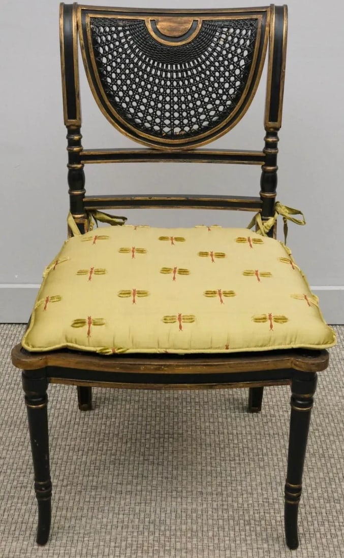 Antique English Regency Style Caned Side Chair With Dragon Fly Fabric Cushion - 2