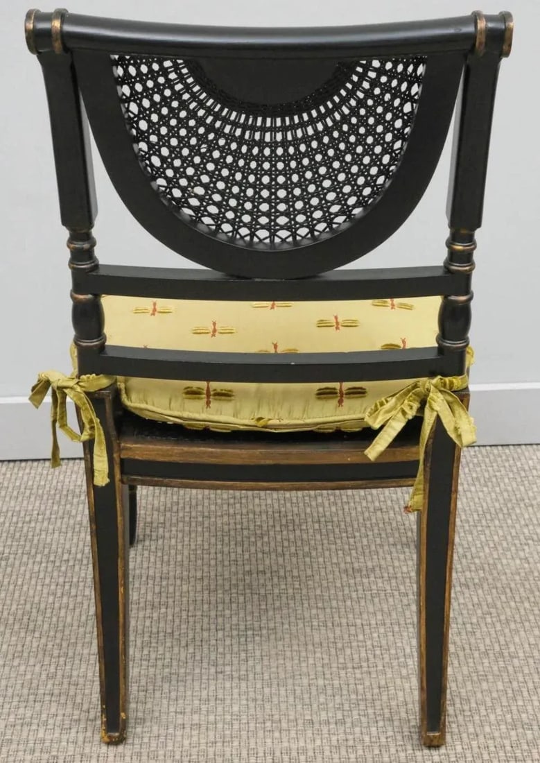 Antique English Regency Style Caned Side Chair With Dragon Fly Fabric Cushion - 3