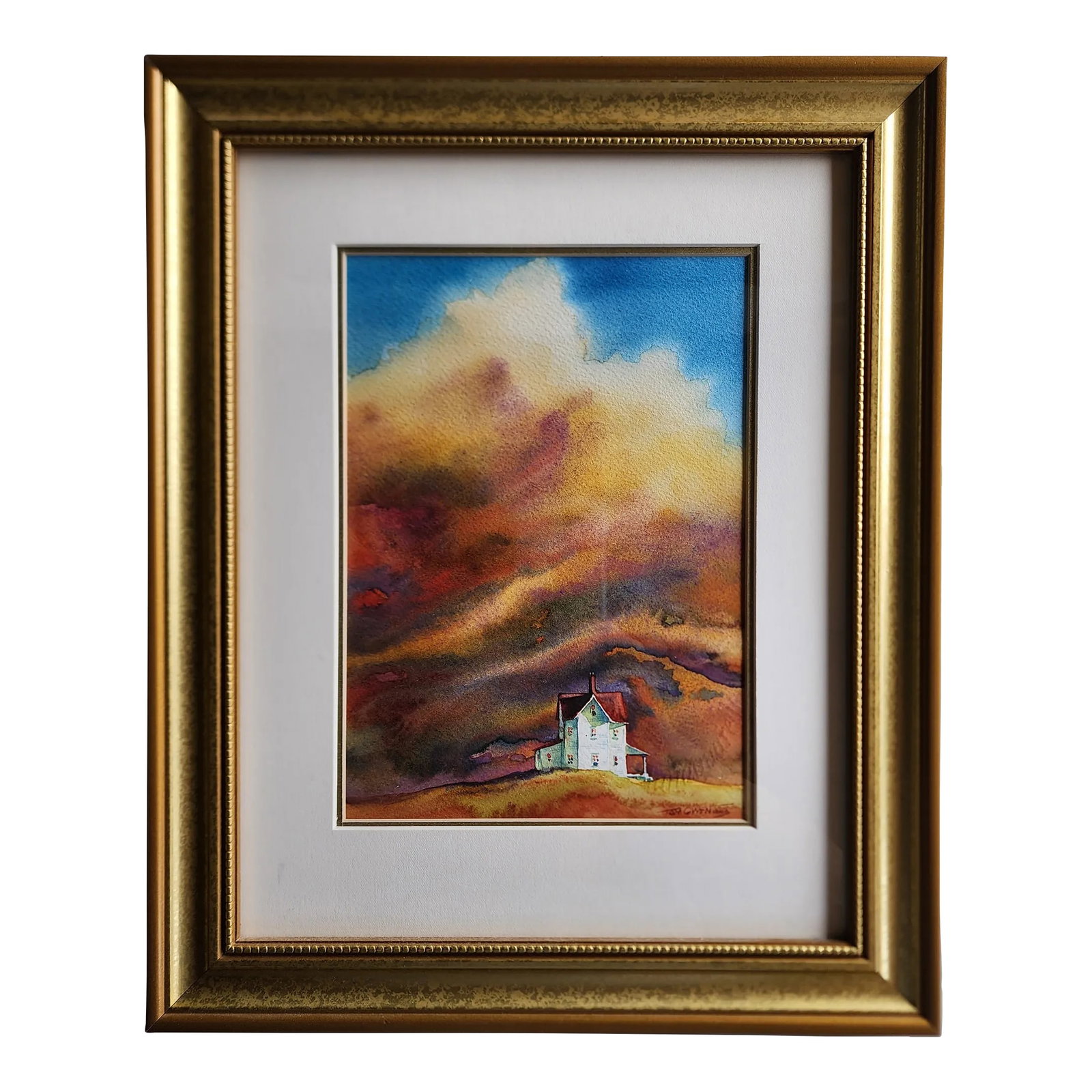 "Prairie Sunset" Framed Original Watercolor Painting by Tom Owens: A spectacular fiery Prairie Sunset rendered in watercolor by well known watercolor artist and teacher, of over 30 years, Tom Owen. Tom is a nationally recognized painter in oil, pastel and watercolor.
