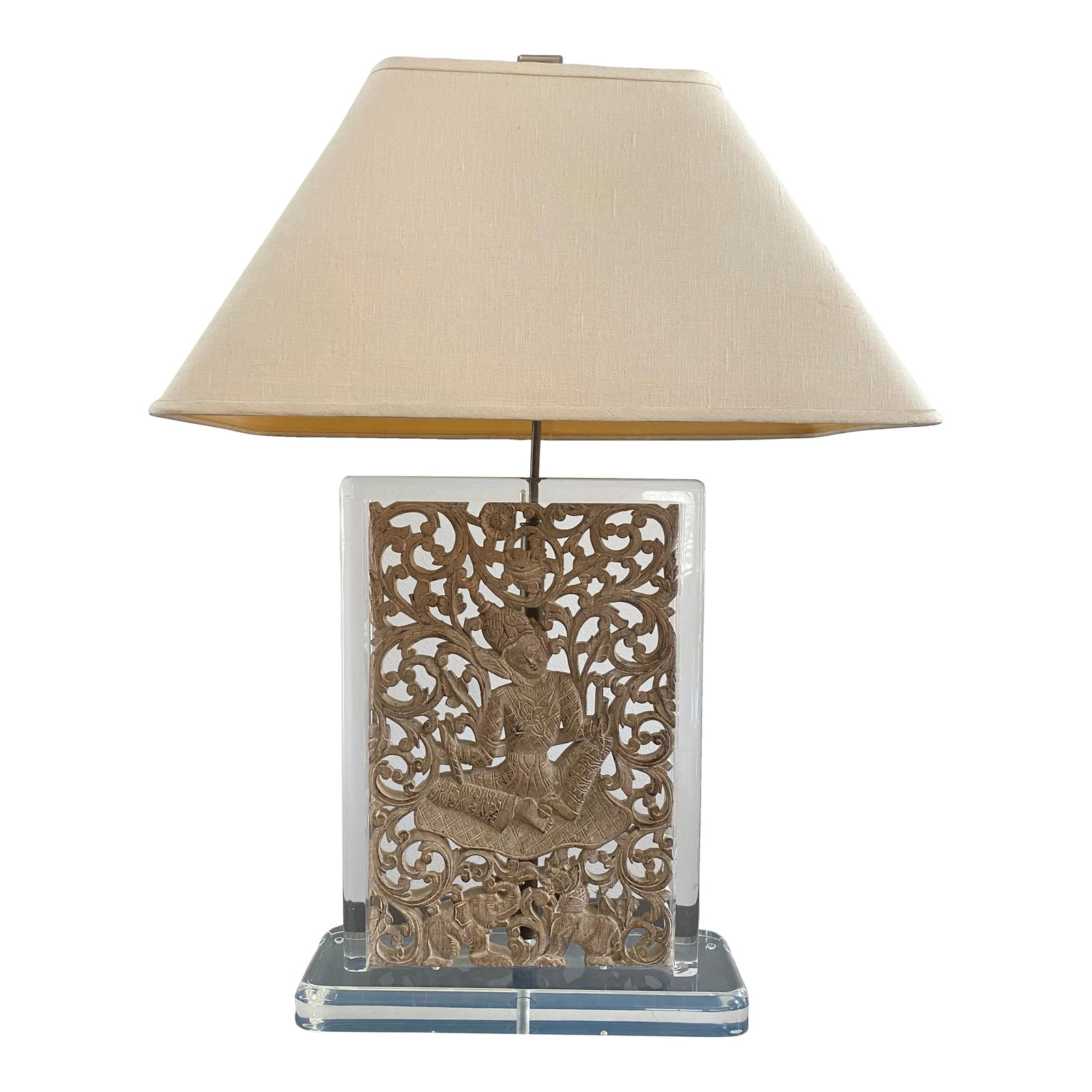 Balinese Carved Panel Table Lamp in Lucite Frame With Brass Hardware: An exceptional custom table lamp featuring an intricately carved Balinese or Southeast Asian architectural panel beautifully displayed within a bespoke lucite frame. Blending traditional