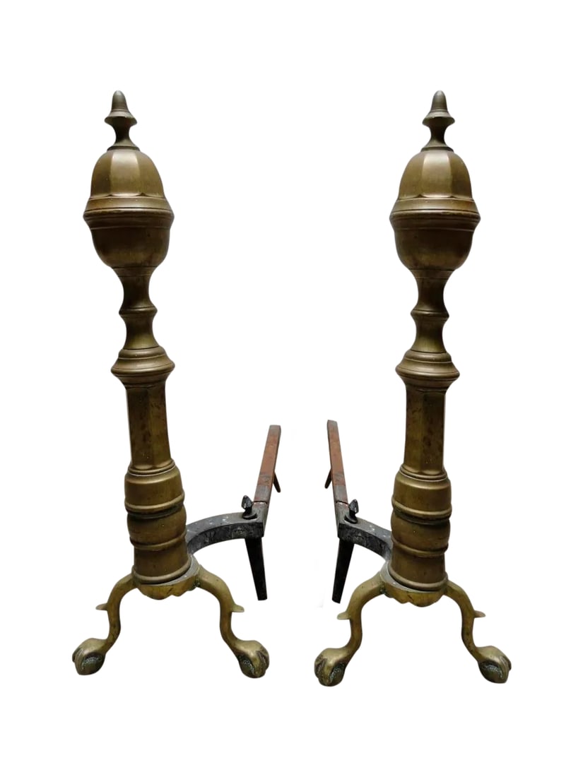 Chippendale 19th Century Brass Andirons With Ball & Claw Feet and Acorn Finials - American: An elegant and stately pair of 19th century brass andirons, beautifully executed in the American Chippendale style, featuring classic ball-and-claw feet and finely cast acorn finials. Likely East