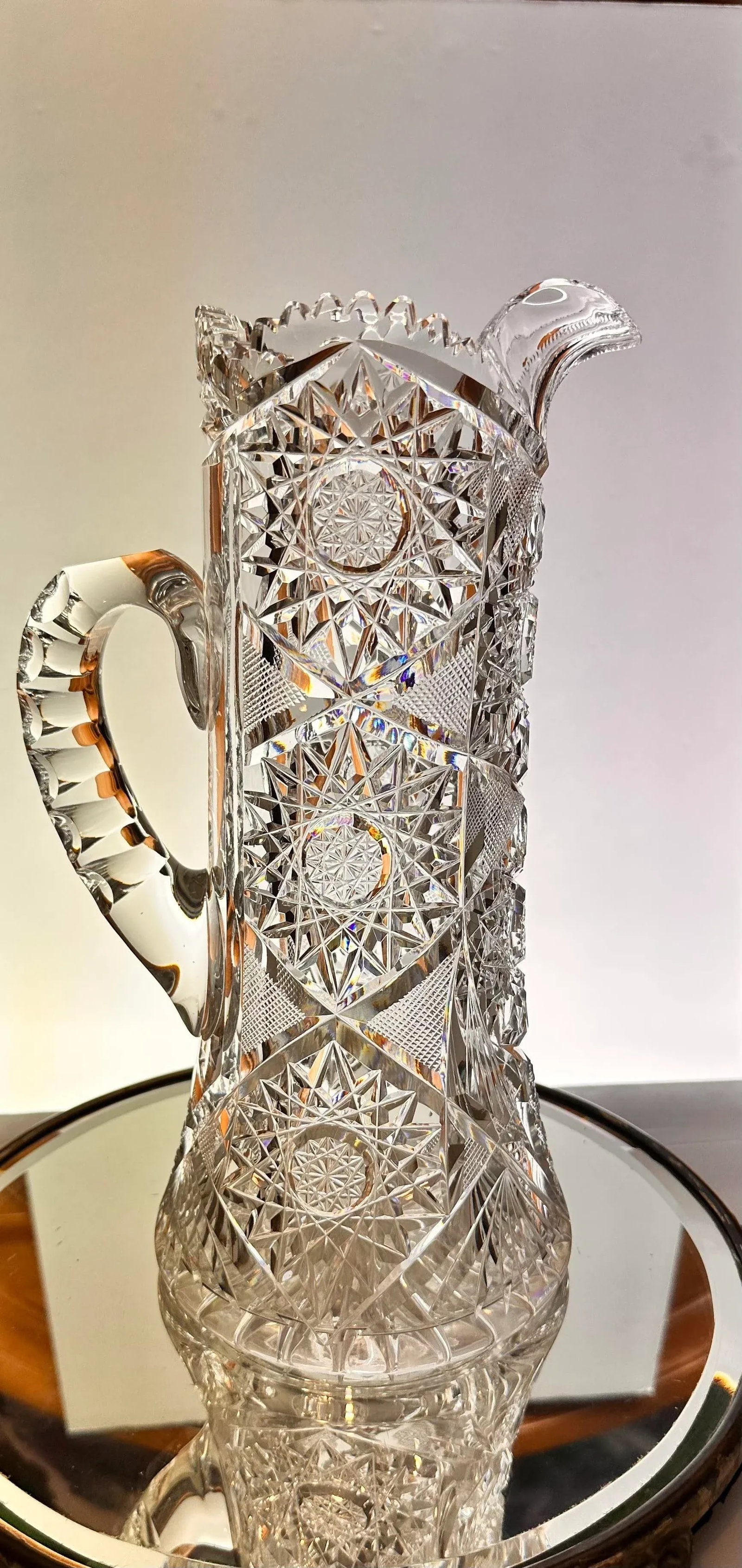 Antique Crystal Champagne Pitcher With Tumblers Set of 7 American Brilliant Period Late 1800's - 7