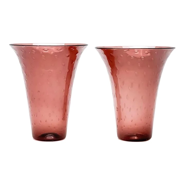 Pair of Italian Soffiato Glass Vases, Circa 1930: Beautiful amethyst color with controlled air bubbles. Vase (taller) is 7 1/8 inches x 6 inches. Vase (smaller) is 7 inches x 6 inches. Condition: Alterations: Original Condition Unaltered Imperfection