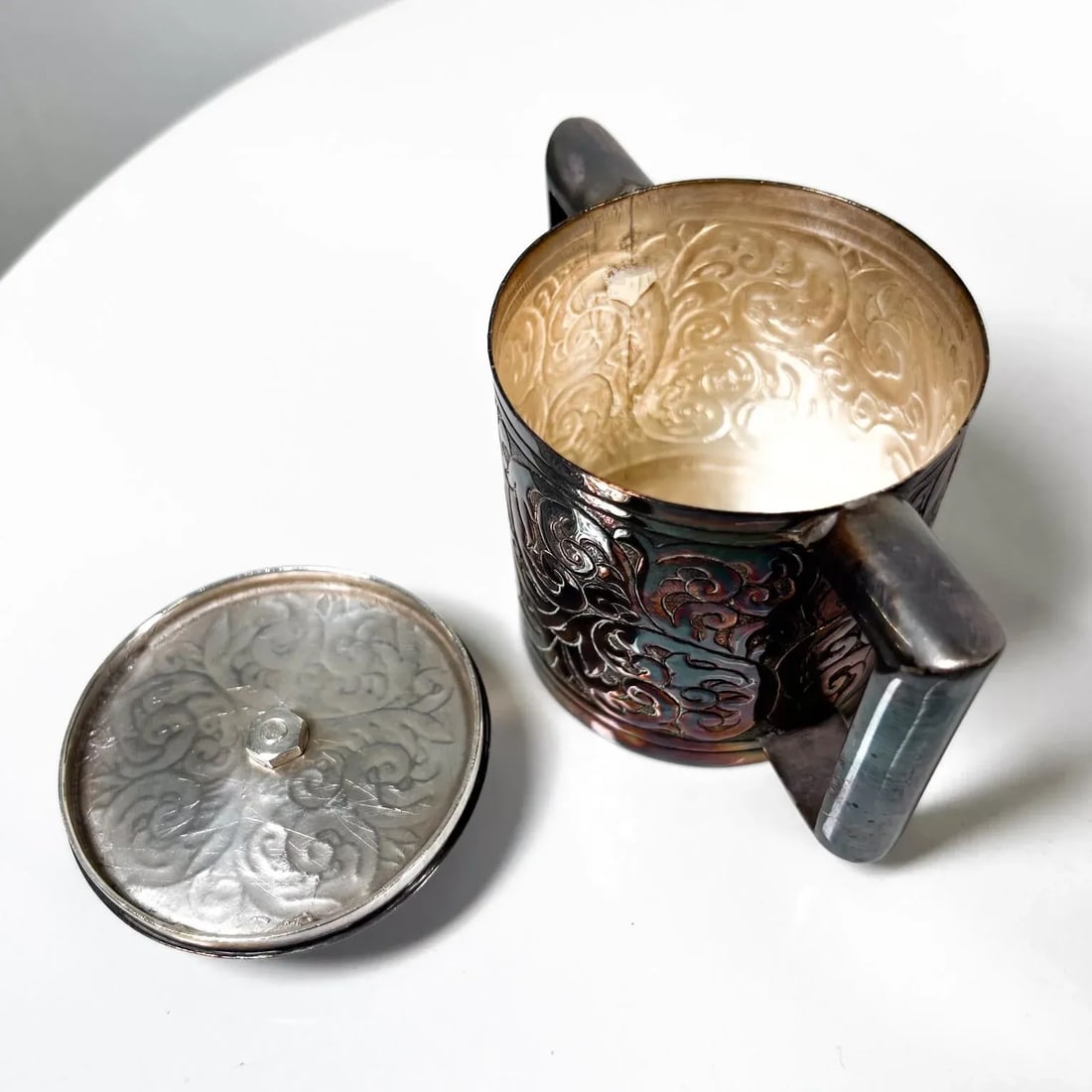 1900s Hand Wrought Embossed Sterling Silver Pitcher Set Creamer and Sugar - 12