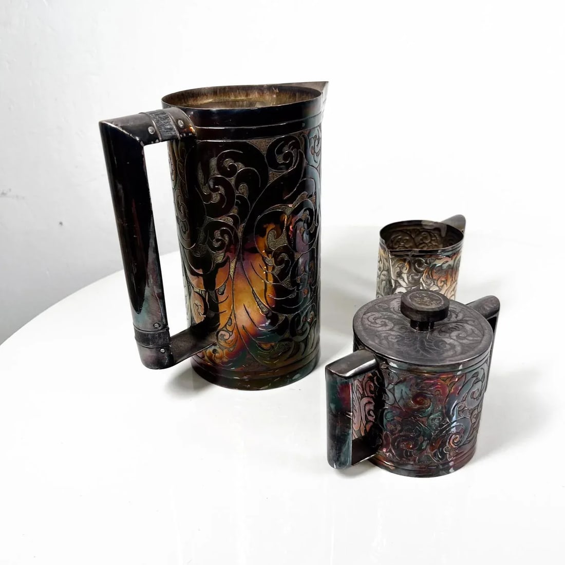1900s Hand Wrought Embossed Sterling Silver Pitcher Set Creamer and Sugar - 7