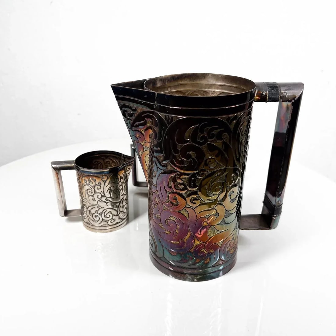 1900s Hand Wrought Embossed Sterling Silver Pitcher Set Creamer and Sugar - 8