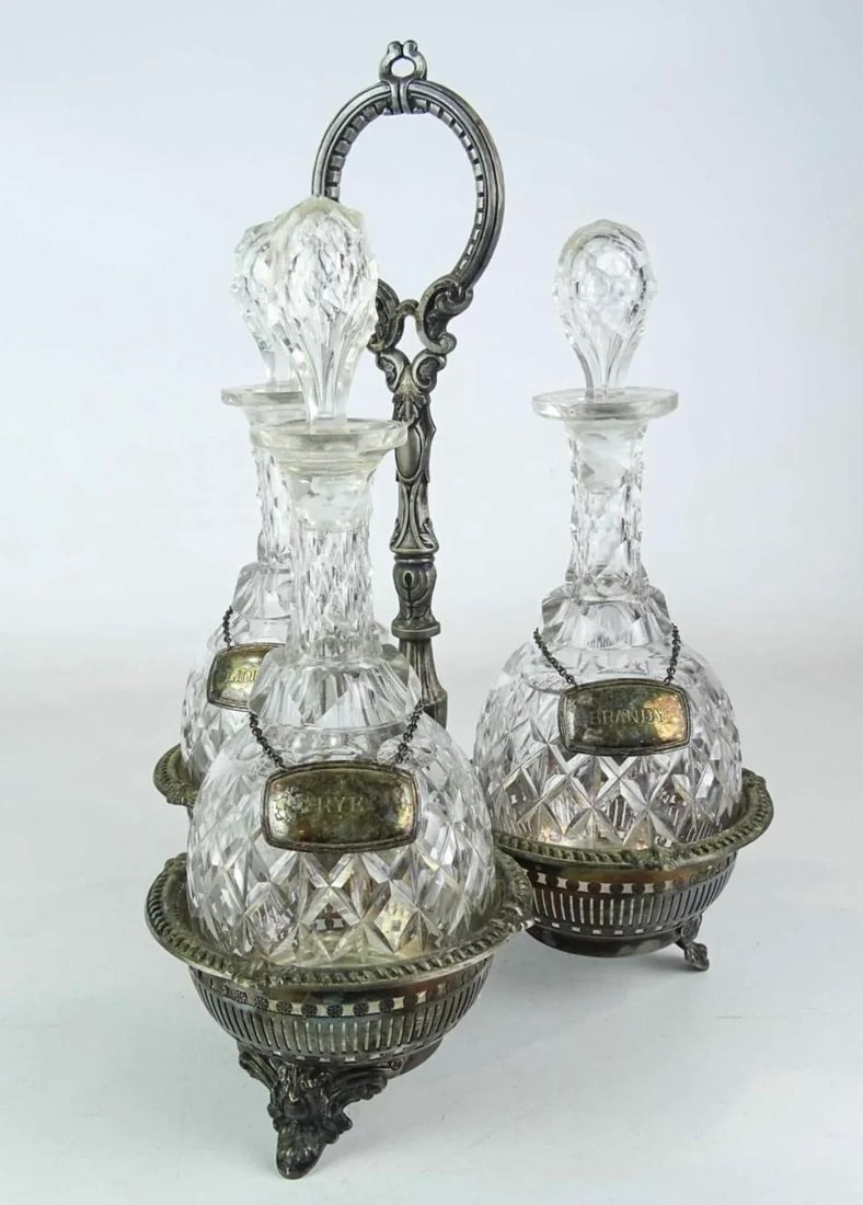 Antique English Silver Three Section Silverplate Decanter Holder or Tantalus With Lateraling Liquor - 8
