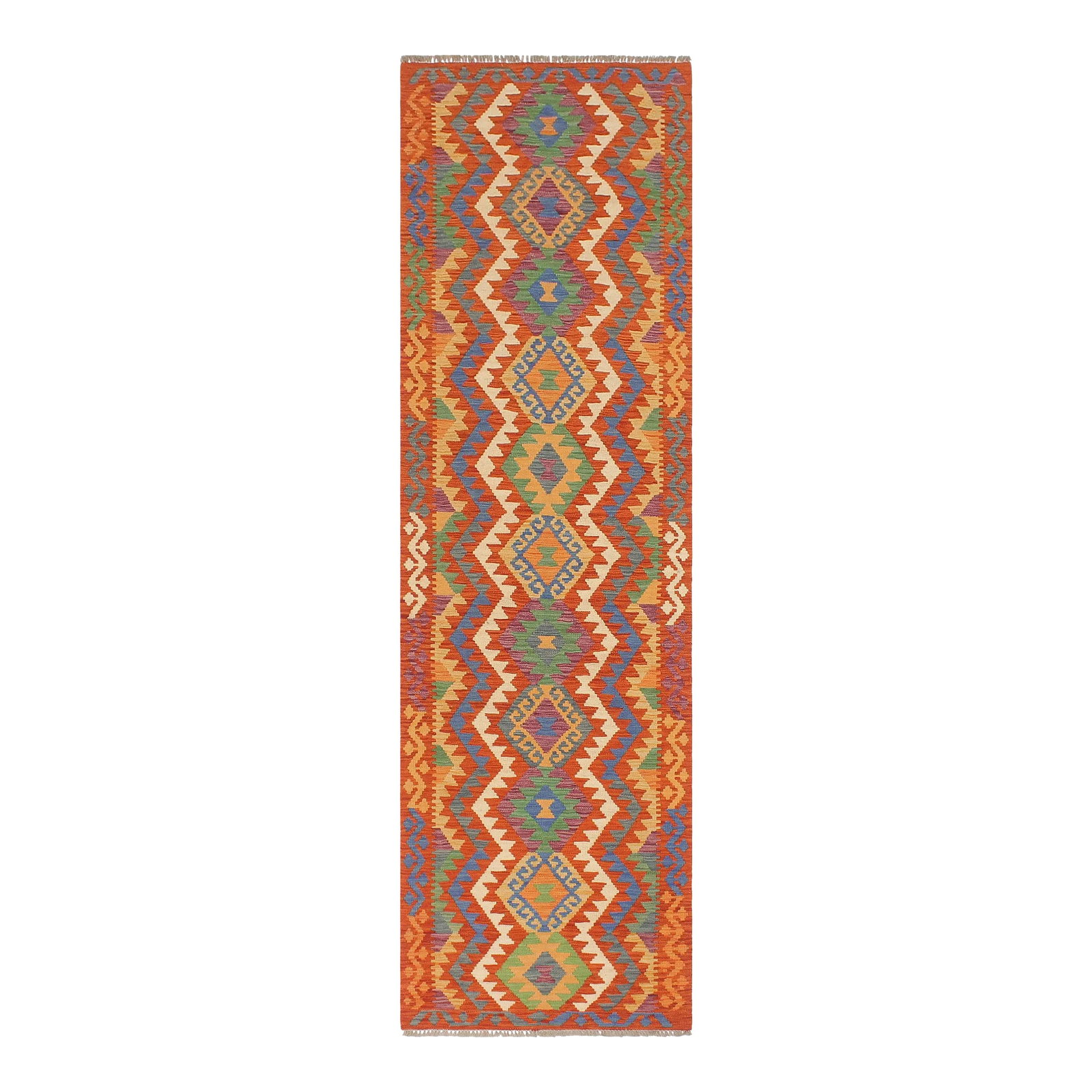 Tribal Kilim Rust Blue Hand Woven Rug - 2'6" X 9'6": Add a touch of elegance to your home with this casual chic hand woven Tribal Kilim wool rug. Constructed on a loom by Nomad Turkman people with hand-spun wool and 100% Natural Vegetable dyes these