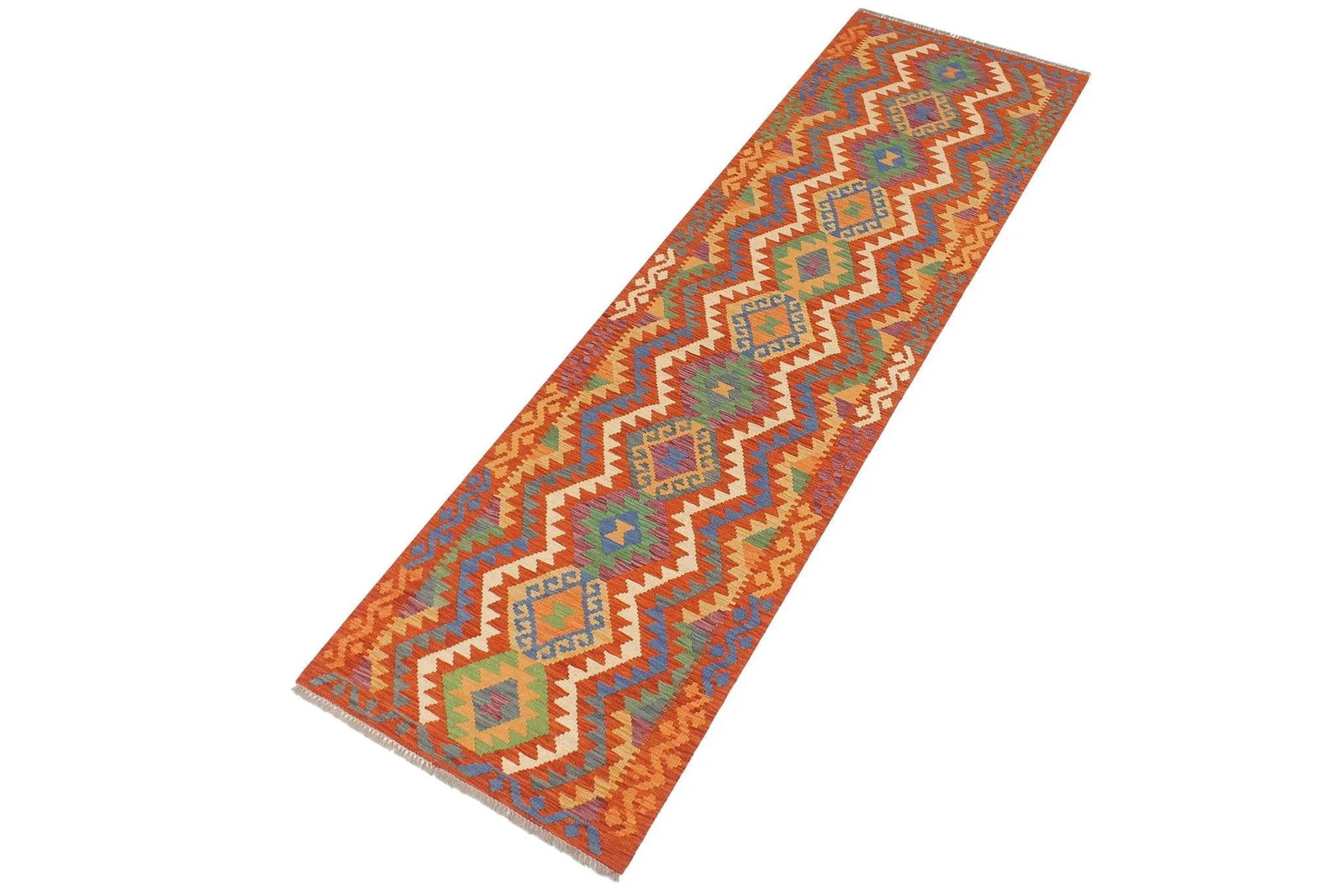 Tribal Kilim Rust Blue Hand Woven Rug - 2'6" X 9'6" - 2