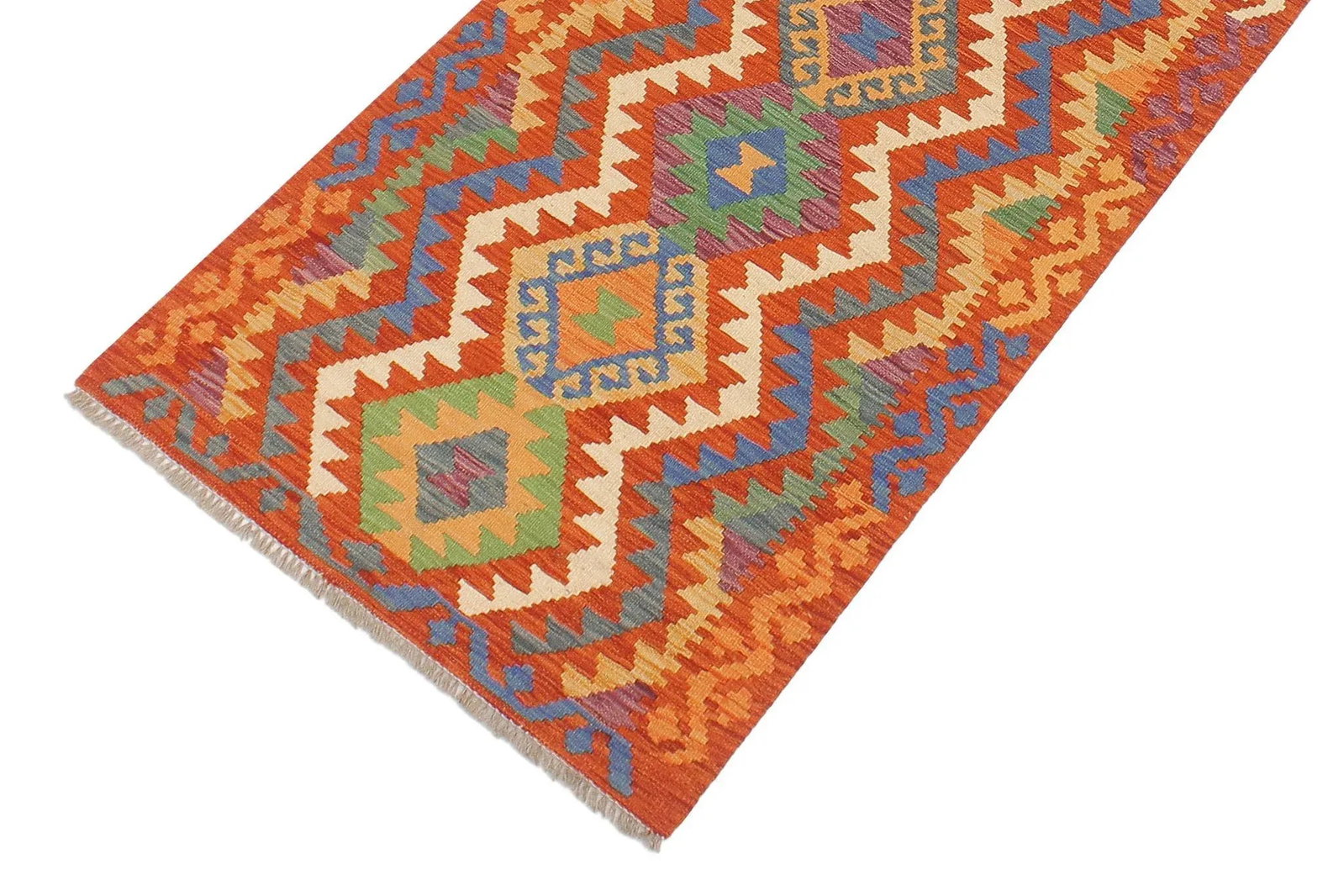 Tribal Kilim Rust Blue Hand Woven Rug - 2'6" X 9'6" - 3