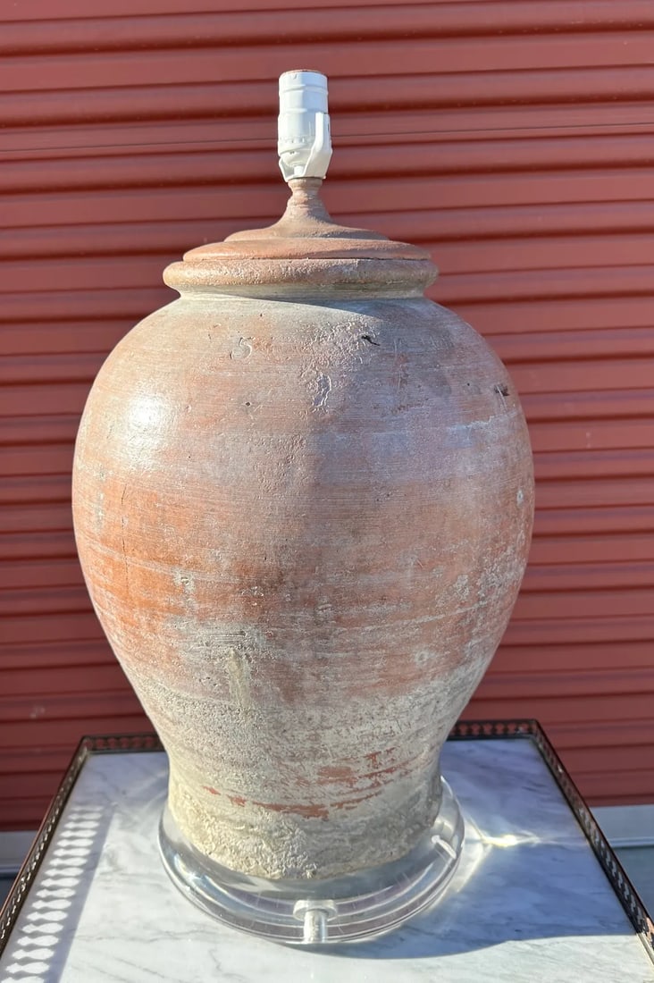 Vintage Distressed Terra Cotta Clay Table Lamp - 5
