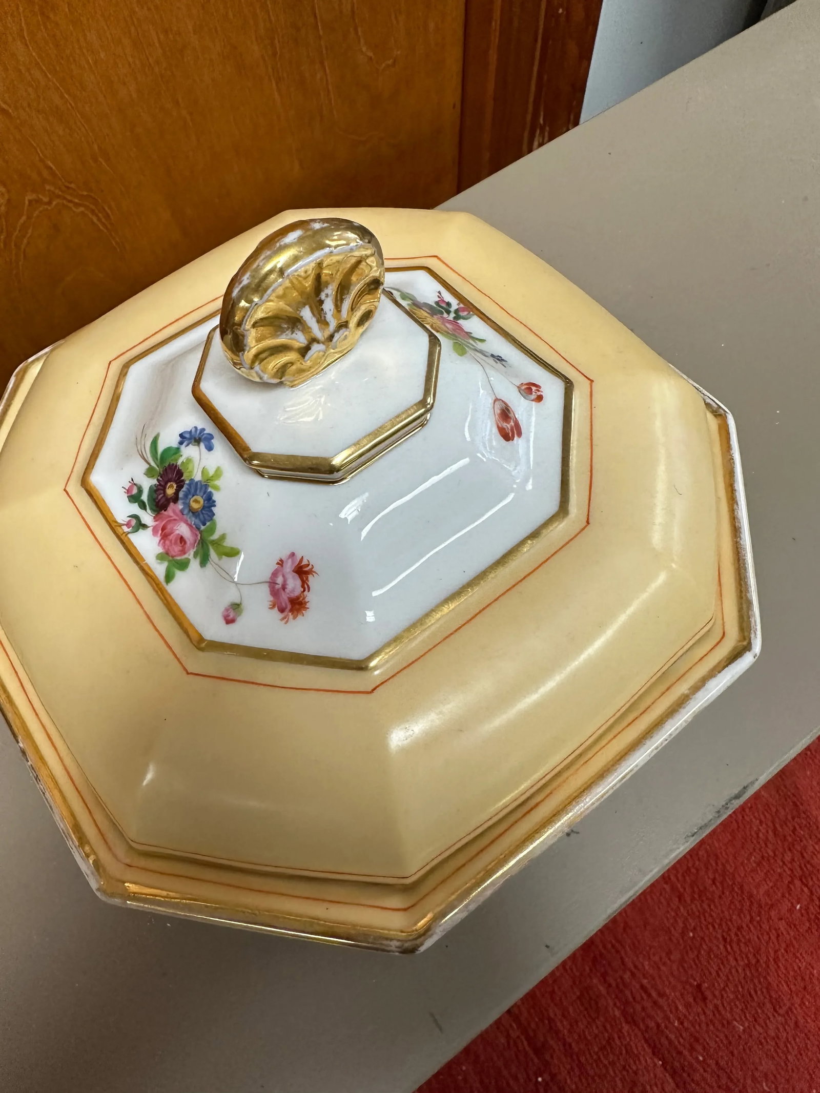 Antique Old Paris Porcelain Covered Vegetable or Soup Tureen with Painted Flowers and Apricot Yellow - 3