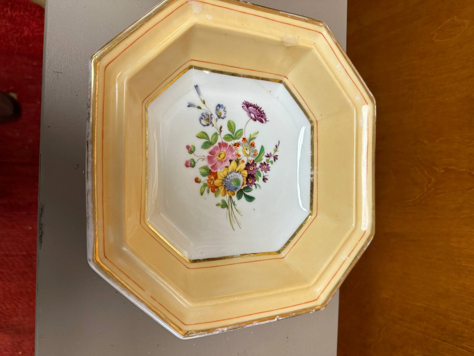 Antique Old Paris Porcelain Covered Vegetable or Soup Tureen with Painted Flowers and Apricot Yellow - 9