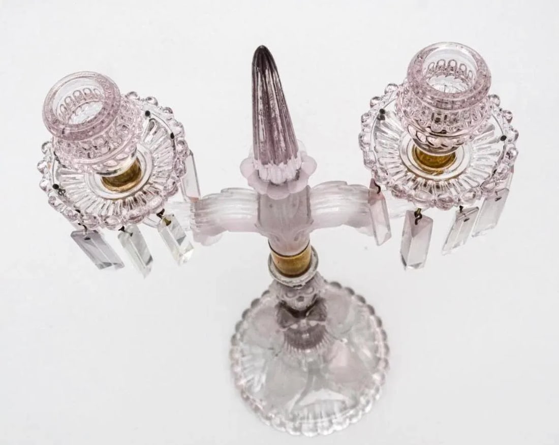 Vintage French Dual Armed Glass Crystal Candelabra - 4