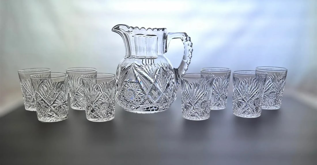 Antique Libbey With Hawkes American Brilliant Period Crystal Pitcher Tumbler Glassware Set of 9 - 10