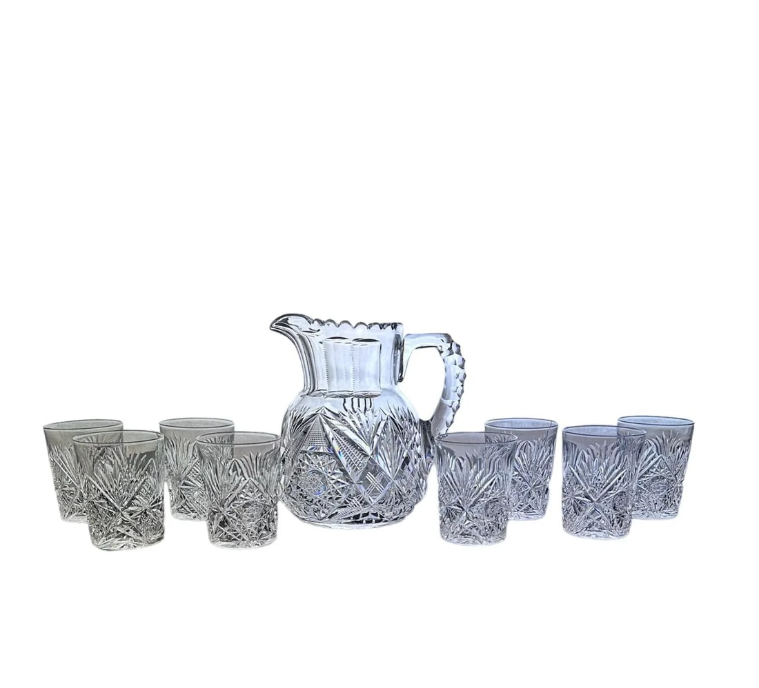 Antique Libbey With Hawkes American Brilliant Period Crystal Pitcher Tumbler Glassware Set of 9 - 13