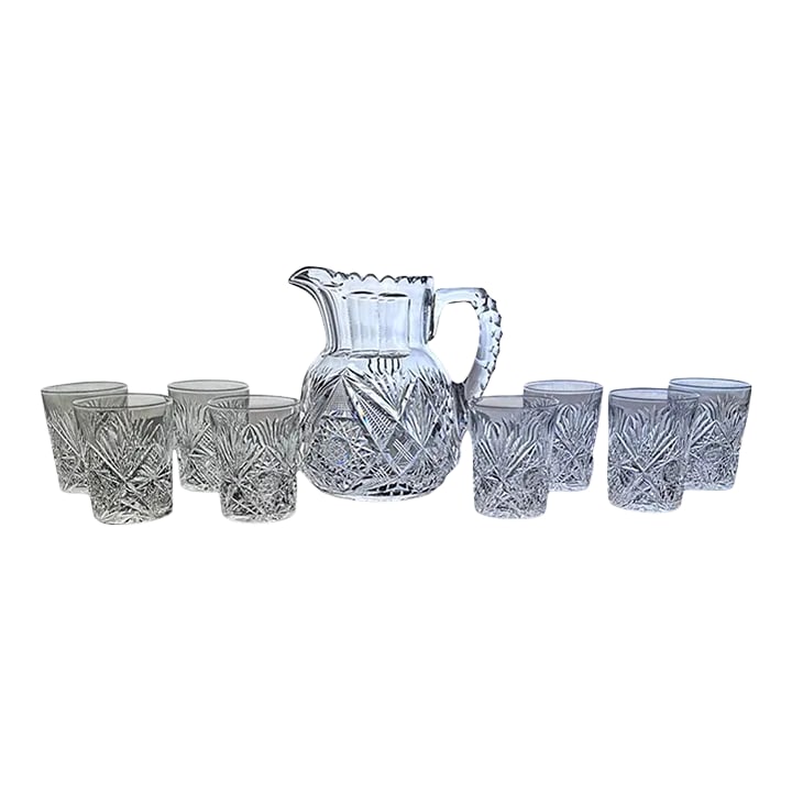Antique Libbey With Hawkes American Brilliant Period Crystal Pitcher Tumbler Glassware Set of 9: American Brilliant Period (ABP) Cut Crystal Set of 9 This antique pitcher or jug is in excellent condition clear quality blank by Libbey Glass Company. Exquisite triple punty cut handle. This pattern