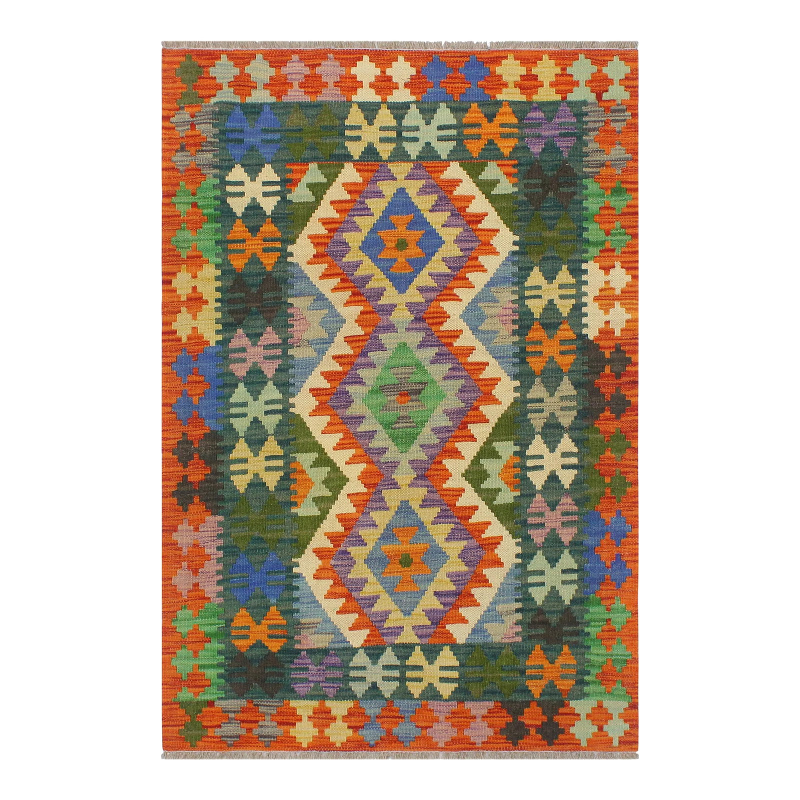 1990s Tribal Kilim Blue Rust Wool Rug - 2'7" X 4'0": Add a touch of elegance to your home with this casual chic hand woven Tribal Kilim wool rug. Constructed on a loom by Nomad Turkman people with hand-spun wool and 100% Natural Vegetable dyes these