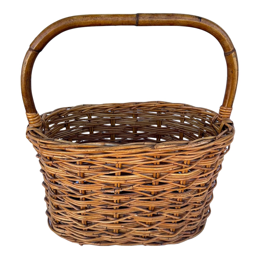 Rustic European Woven Wicker/Rattan Basket: Woven Rattan/Wicker Handled Basket perfect for books next to a chair by the fire. Endless options. 17.5inw x 18.5in h to handle 10.25in h to rim x 10in d 8.5in d x 15in w interior Make sure to follow 