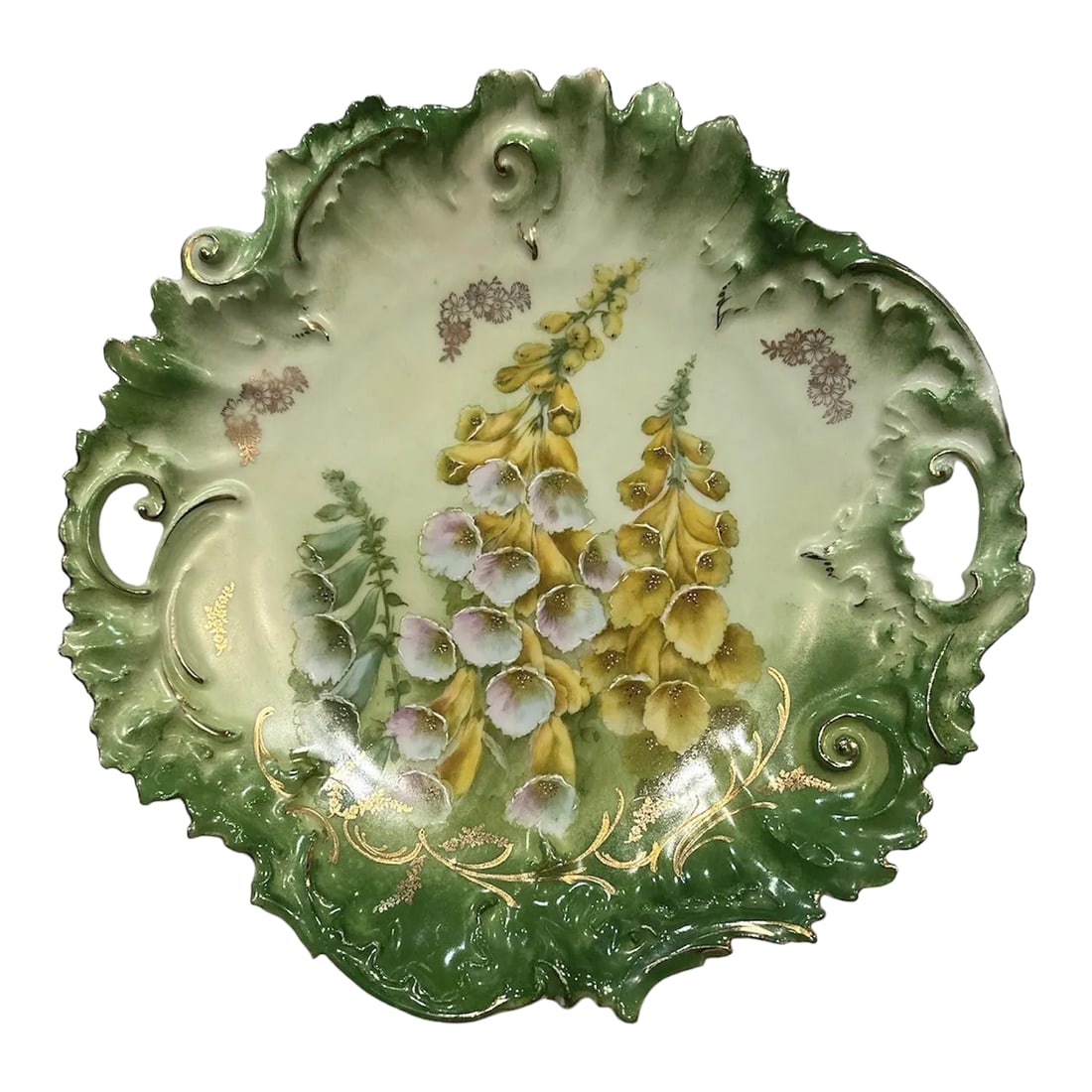 Antique Hand Painted German Porcelain Large Cabinet Plate Floral Reticulated Handles: Antique P.T. Porzellanfabrik (Porcelain Factory) of Tirschenreuth, Germany. White 12" round porcelain, hand-painted with double reticular handles, scalloped edges with gilded rim and accentuating the