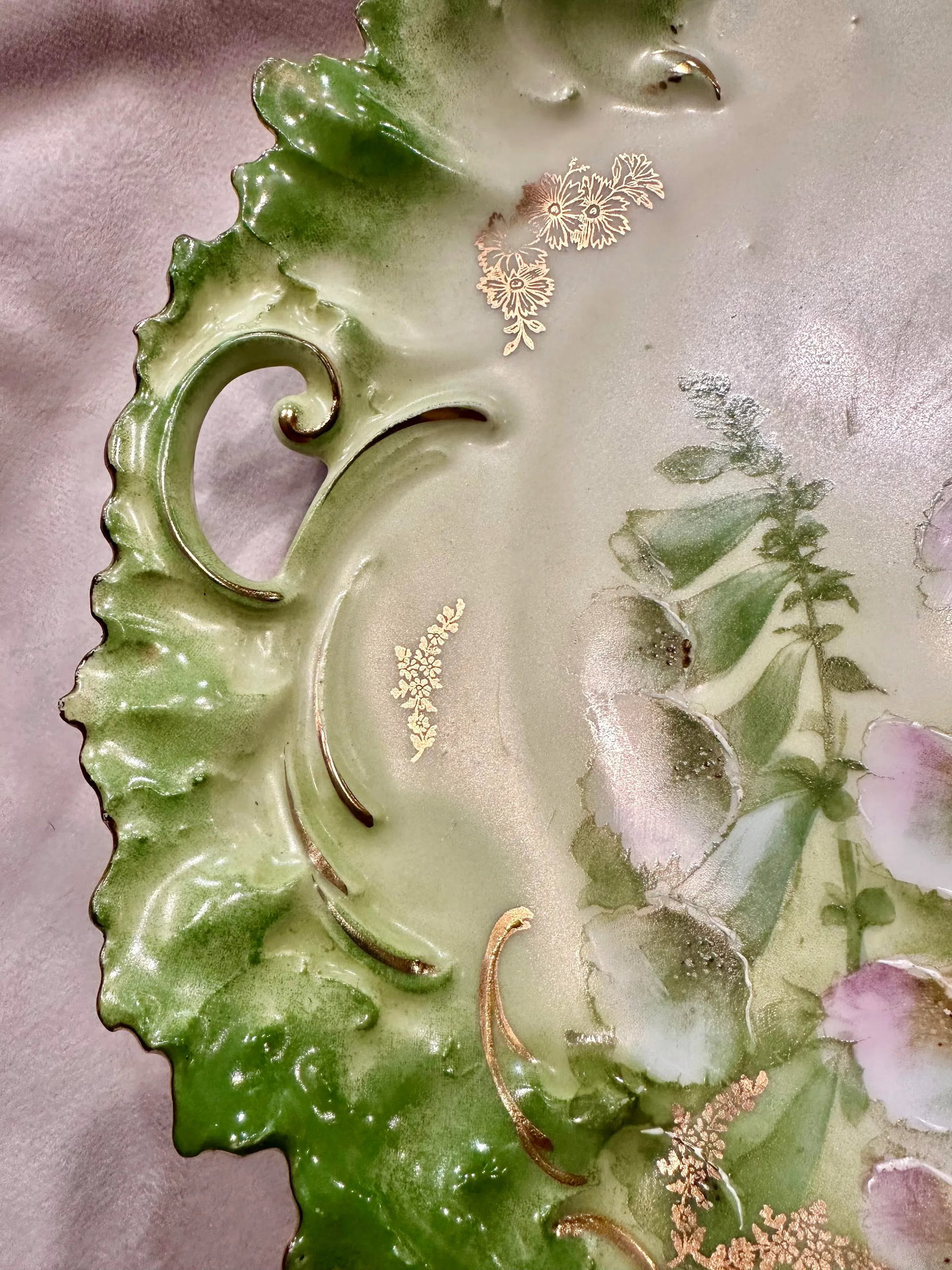 Antique Hand Painted German Porcelain Large Cabinet Plate Floral Reticulated Handles - 3