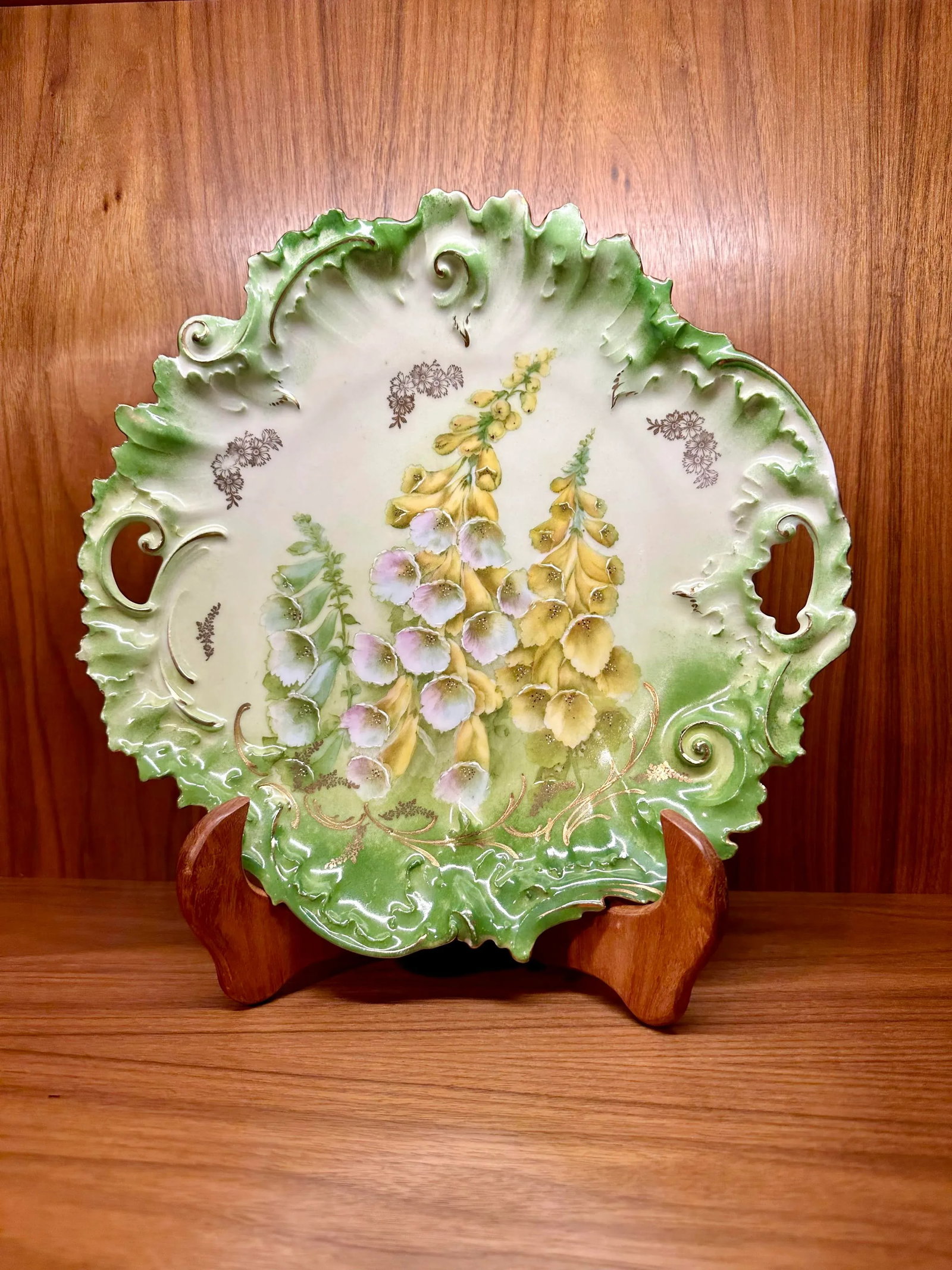 Antique Hand Painted German Porcelain Large Cabinet Plate Floral Reticulated Handles - 6