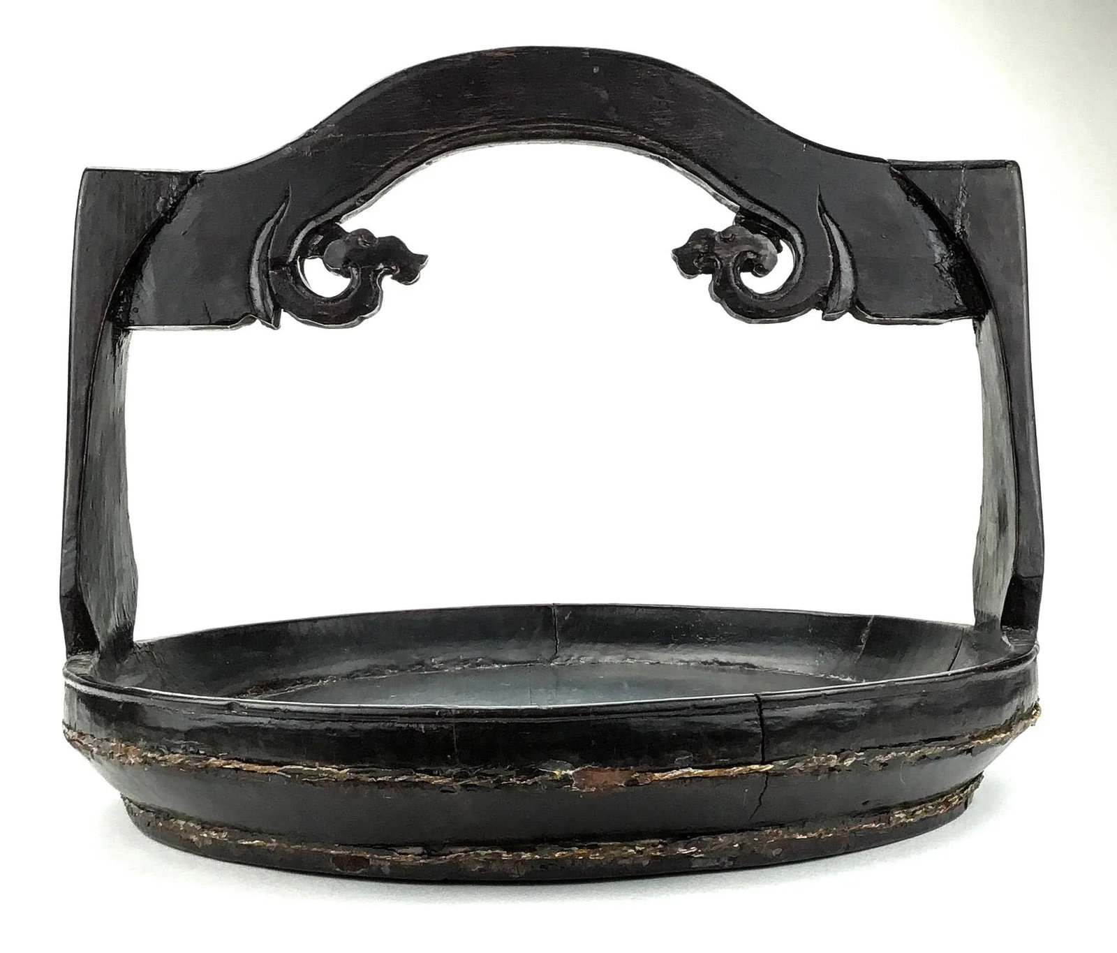 Chinese Antique Hand Carved Wood Presentation Platter or Cake Holder With Handle - 2