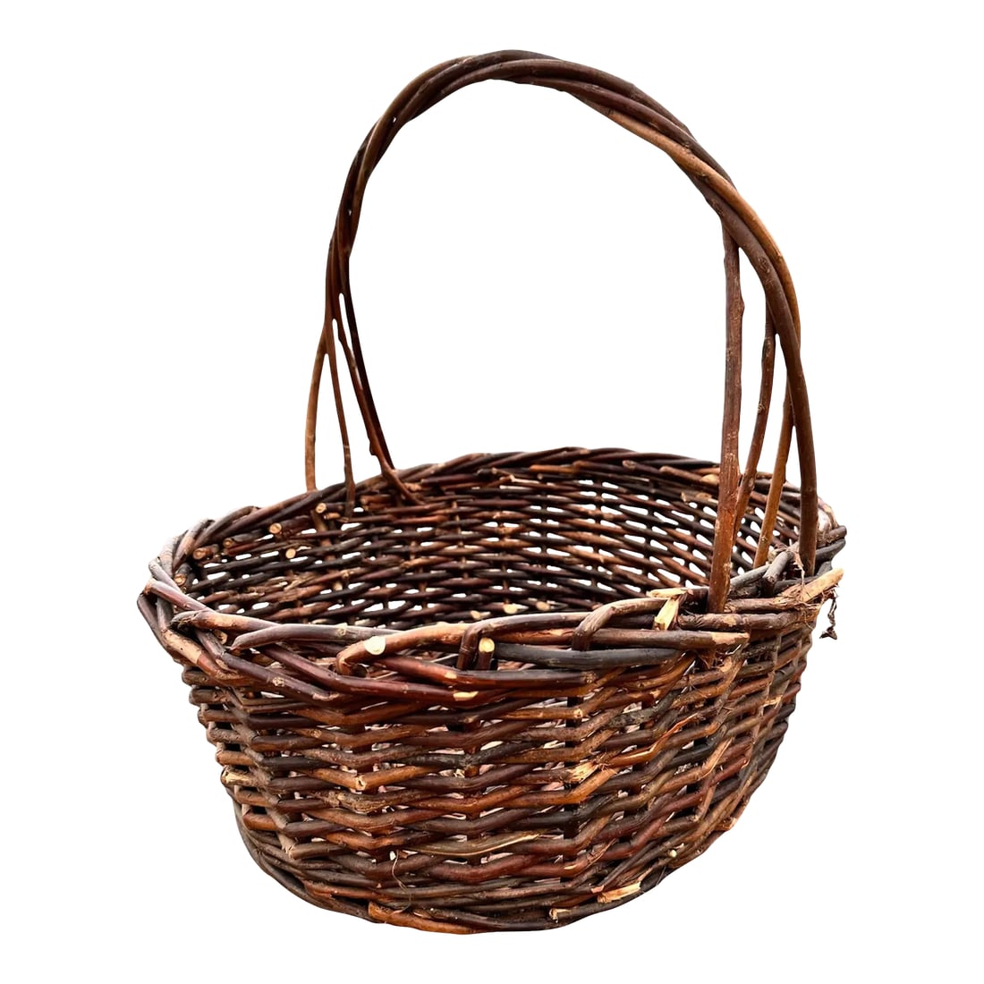 1970s Dark Willow Gathering Basket: Vintage natural dark willow oval basket. Gather your harvest, farmer's market, pack with picnic for the park or boating. Carry your homemade treats to your friends. 15" tall x 16" long x 12.5" wide x 