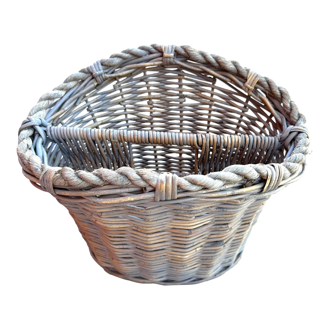 Rustic European Gray Wash Wicker Basket: Rustic European Gray Wash Woven Wicker Basket/Magazine Holder. Farmhouse to Coastal style. Perfect for magazines, books or faux floral arrangement. 15in h x 17.5in w x 13in d Make sure to follow me, I