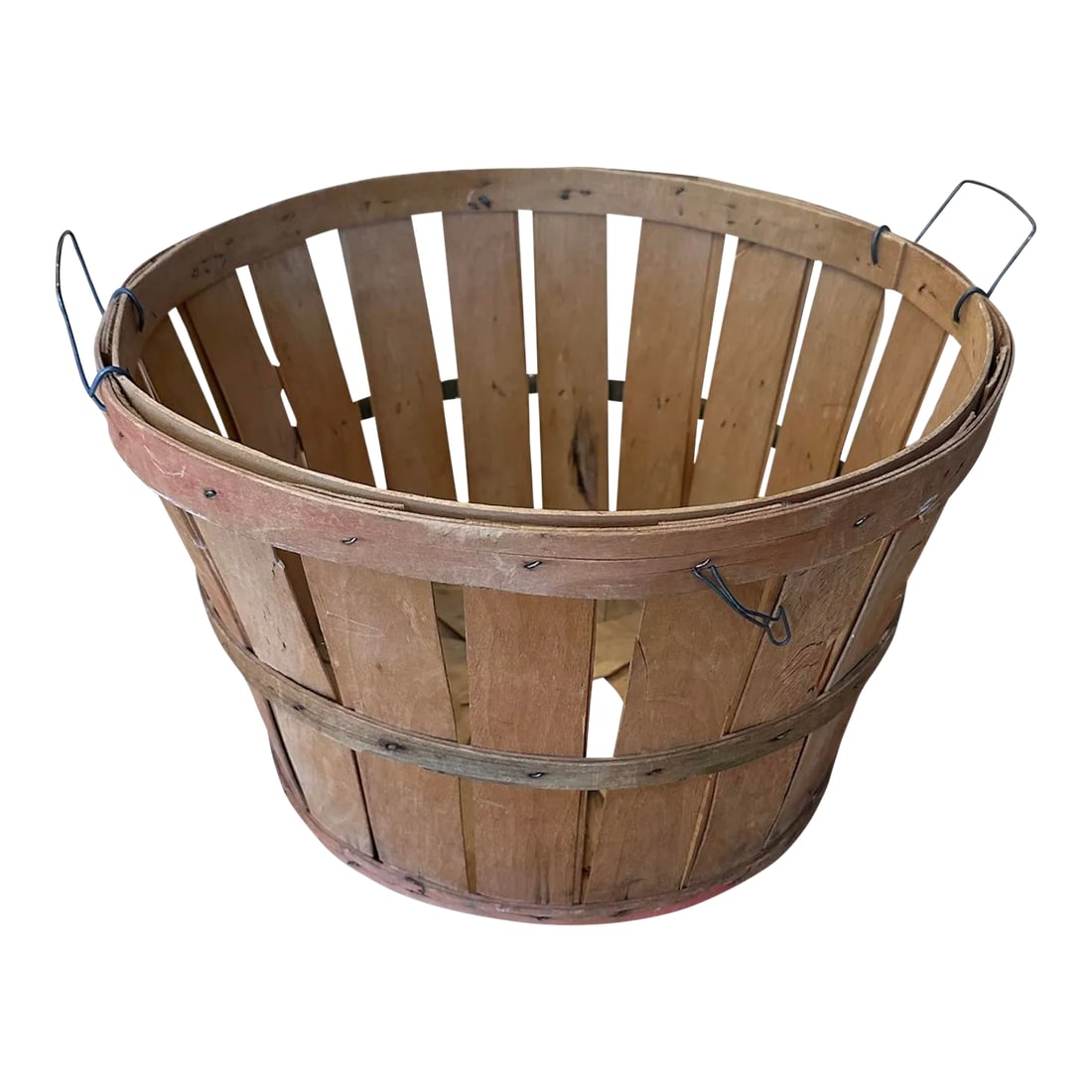 1990s Vintage Wood Bushel Basket: Vintage wood bushel basket with a touch of red stain and metal handles. Functional storage -blankets, knitting, toys, or carrying a bushel of apples, or your garden harvest. Earthy, homegrown, natural