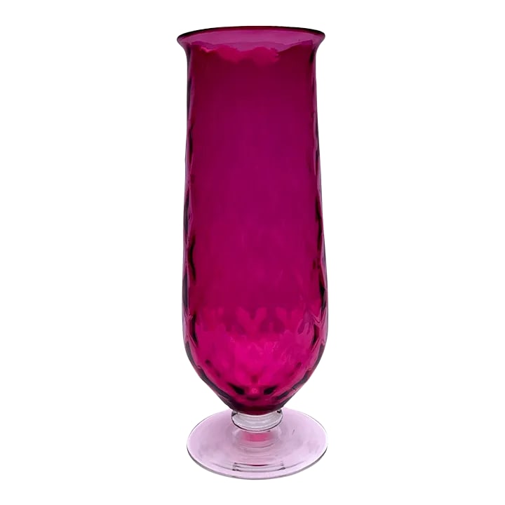 Mid 20th Century Spiral Optic Cranberry Twist Glass Vase: Pilgrim Glass Vase with spiral optic twist. Luscious cranberry amethyst color spectacular against white bouquet with pink centers. Accent with orange yellow and blue purples for a show stopper