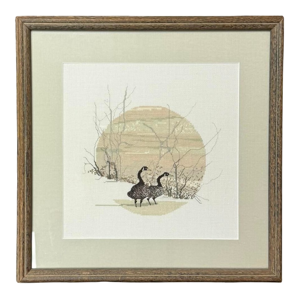 Vintage Framed 1984 P. Buckley Moss - Cameo Geese Cross Stitch: P. Buckley Moss designed cross stitch pattern - Cameo Geese. Leaflet 108 from June Griggs designs, copyright 1985. My personal collection -Hand-stitched by myself in the 1980's. Professional framed. 1