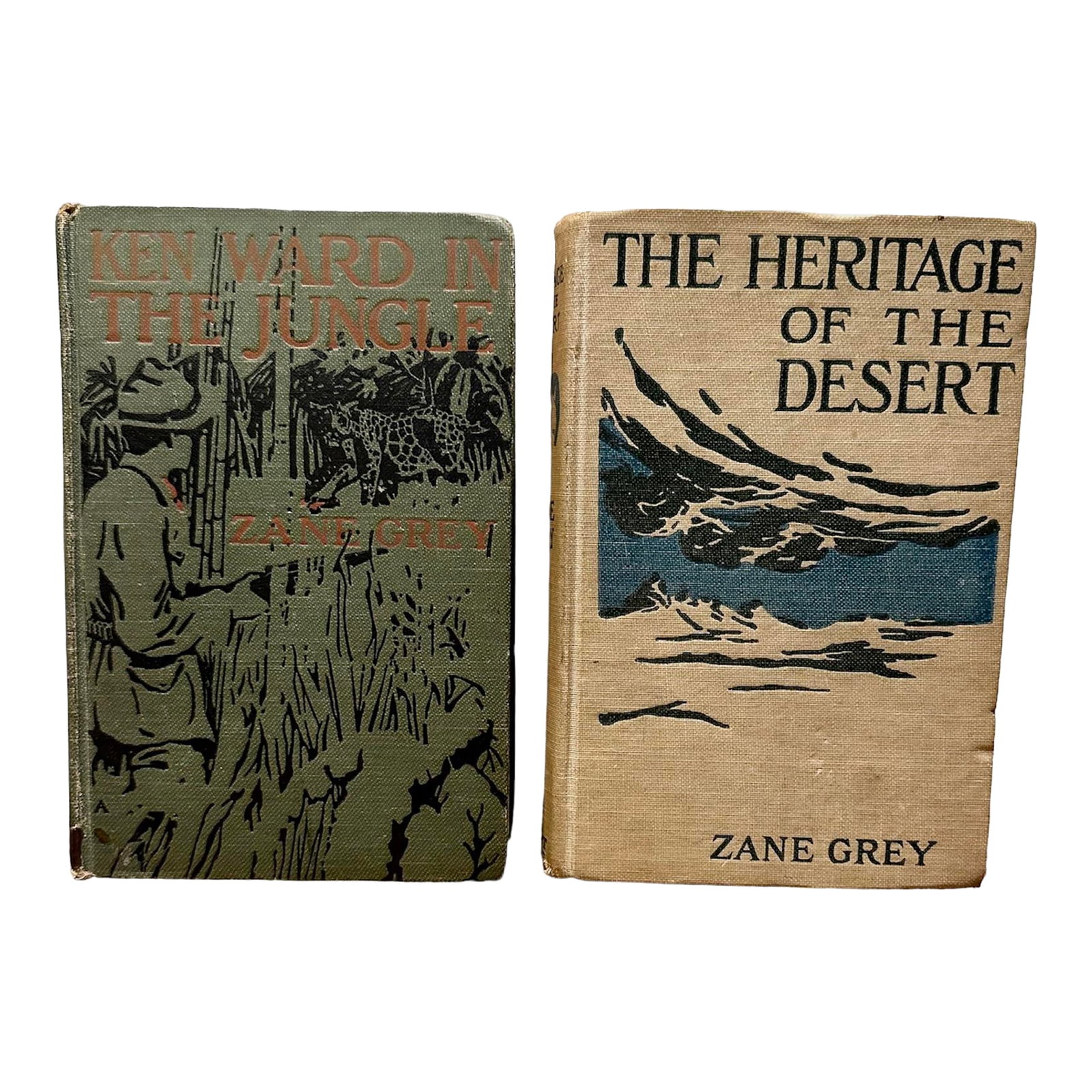 1920 Antique Zane Grey Hardcover Books -a Pair: 1920 pair of hardcover books by Zane Grey. Publisher is same on both Grosset and Dunlop Cursive penmanship as Christmas gifts 'To Father' December 25, 1920 on both books. The green book Ken Ward in