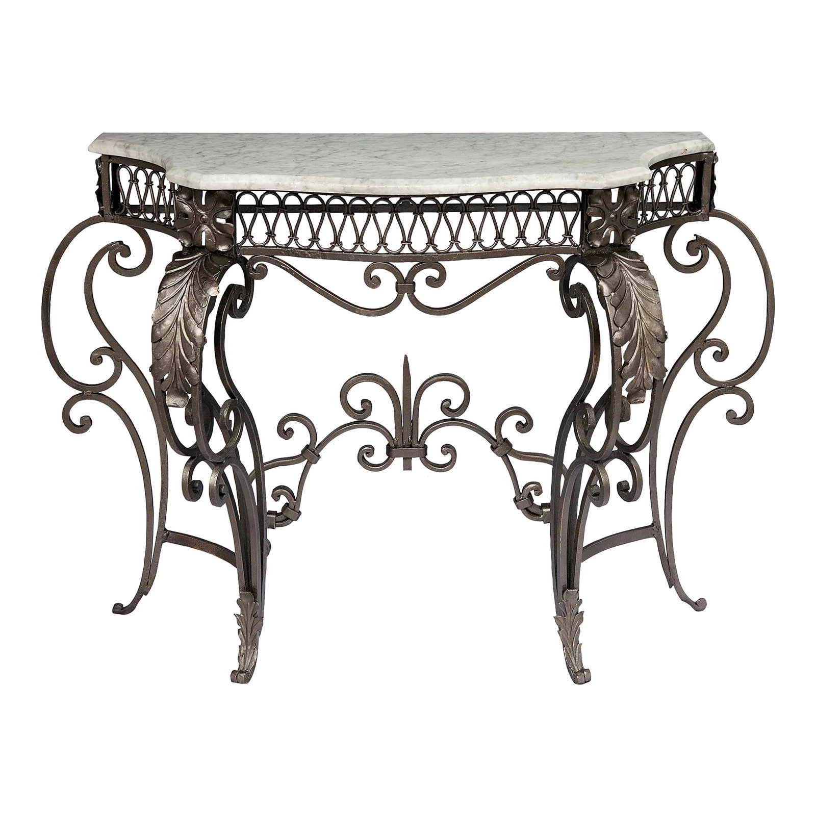 20th Century, Iron Console Carrara Marble Top: A 20th Century, Handcrafted Iron Console with a Honed Carerara Marble Top with special rounded edges. Monochromatic Bronze colored. Nice detail work. Condition: Alterations: Original Design Modified I